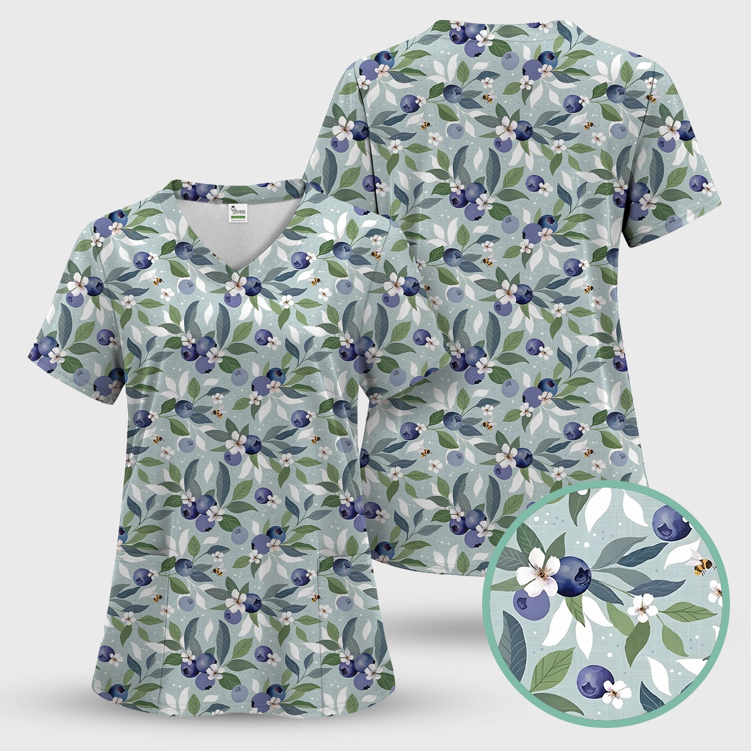 Fresh Blueberry Blossom Garden Pattern Nurse Scrub Set, Scrub Pants and V Neck Top
