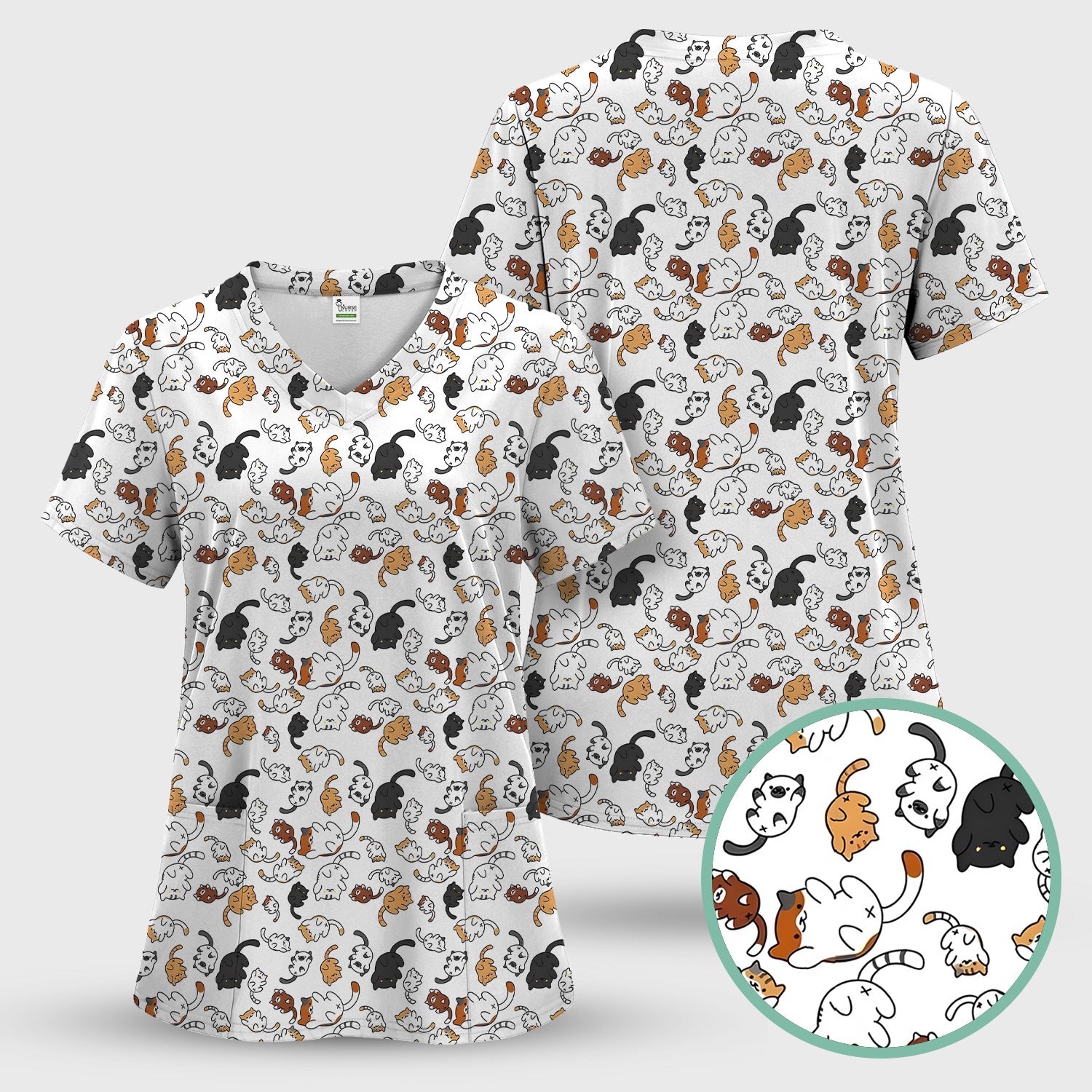 Funny Cat Scrub Top, Cute Cat Pattern Nurse Shirt For Women, Breathable Fabrics Nursing Uniform
