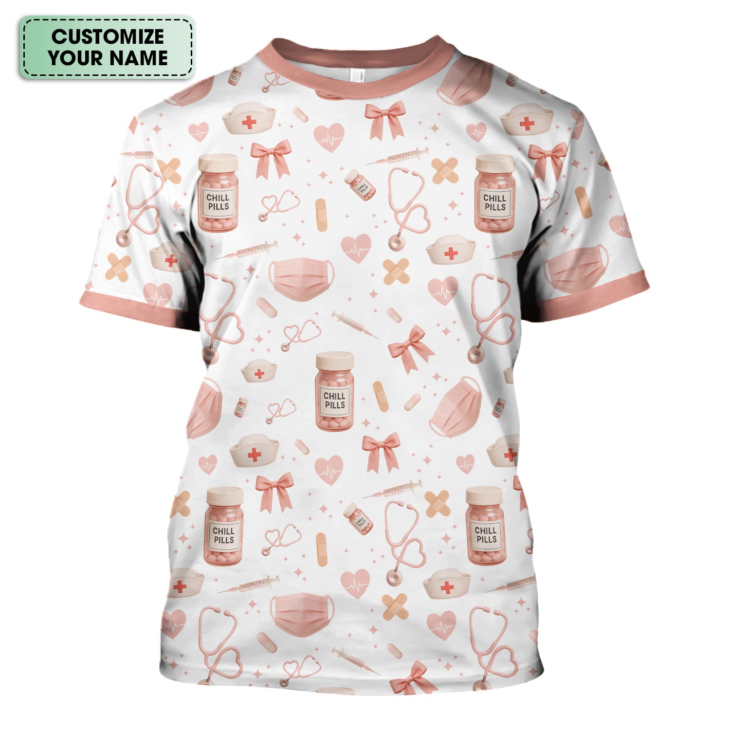 Personalized Cute Nurse Scrub Top - Pink Chill Pills & Medical Icons Pattern - Fun Aesthetic Gift for RN CNA LPN Healthcare Workers