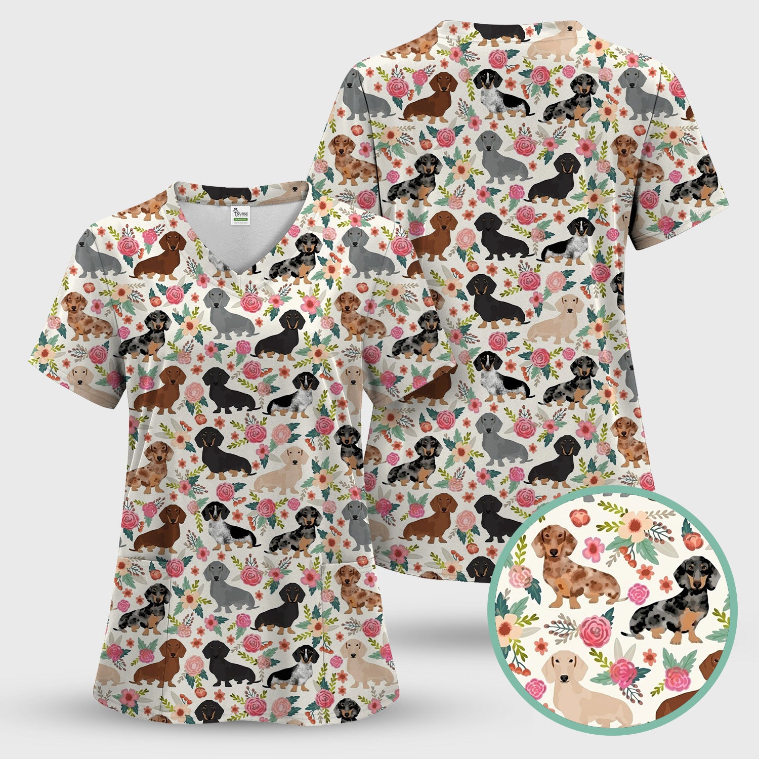 Adorable Dachshund Floral Pattern Scrub Set, Scrub Pants and V Neck Top