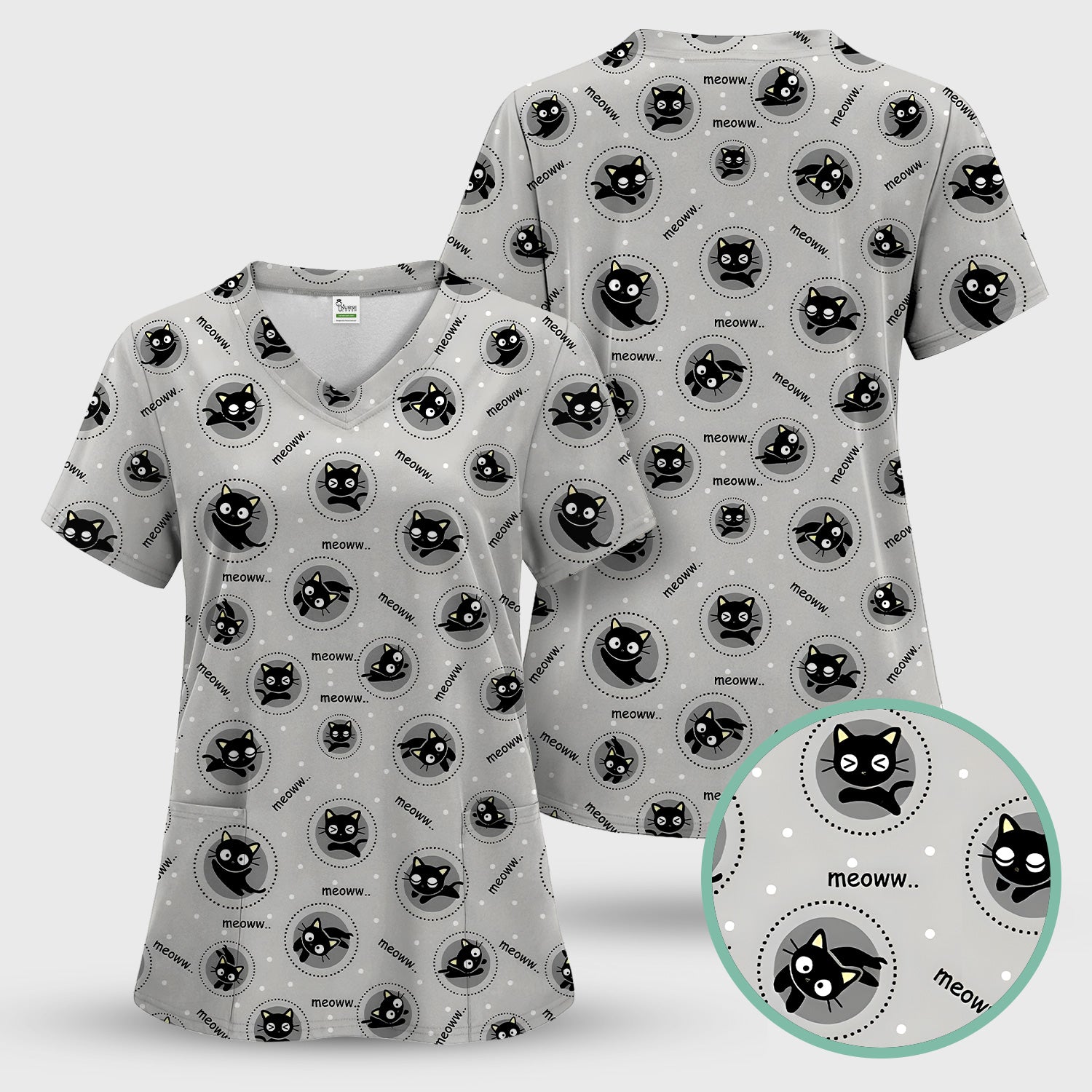 Funny Black Cat Meow Pattern Scrub Set, Scrub Pants and V Neck Top