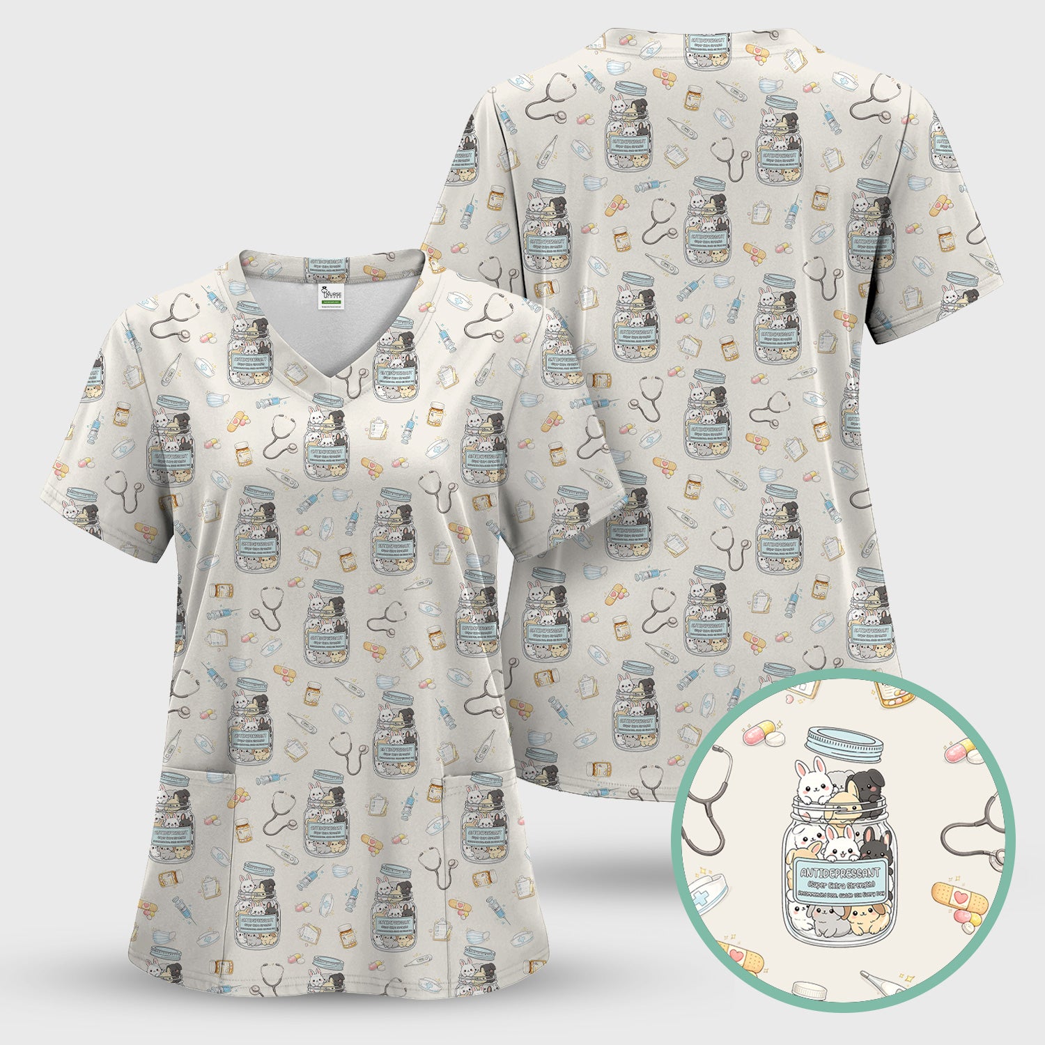 Whimsical Antidepressant Rabbit Jar Design Nurse Scrub Top, Soft & Breathable Workwear