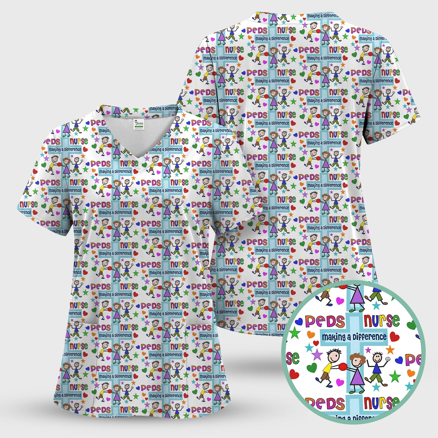 Peds Nurse Making A Difference Pattern Scrub Set, Scrub Pants and V Neck Top