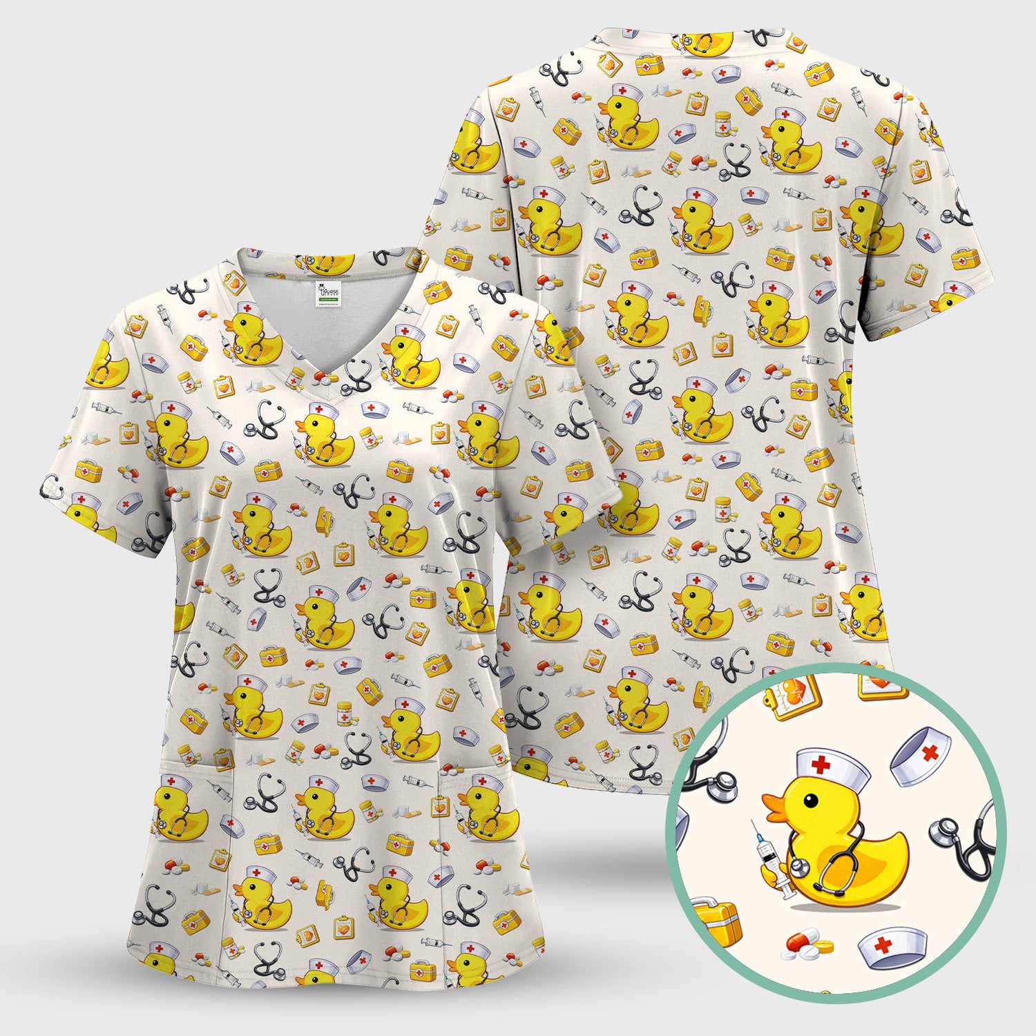 Playful Medical Duck Print Nurse Scrub Top, Comfortable Scrubs for Nurses