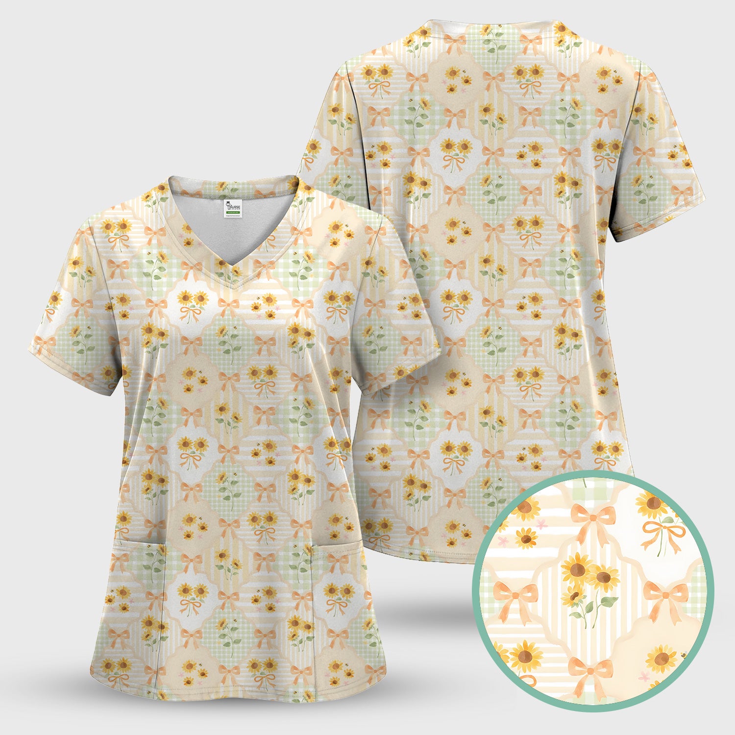 Cute Sunflower Ribbon Patchwork Pattern Scrub Top, Comfortable Scrubs for Nurses