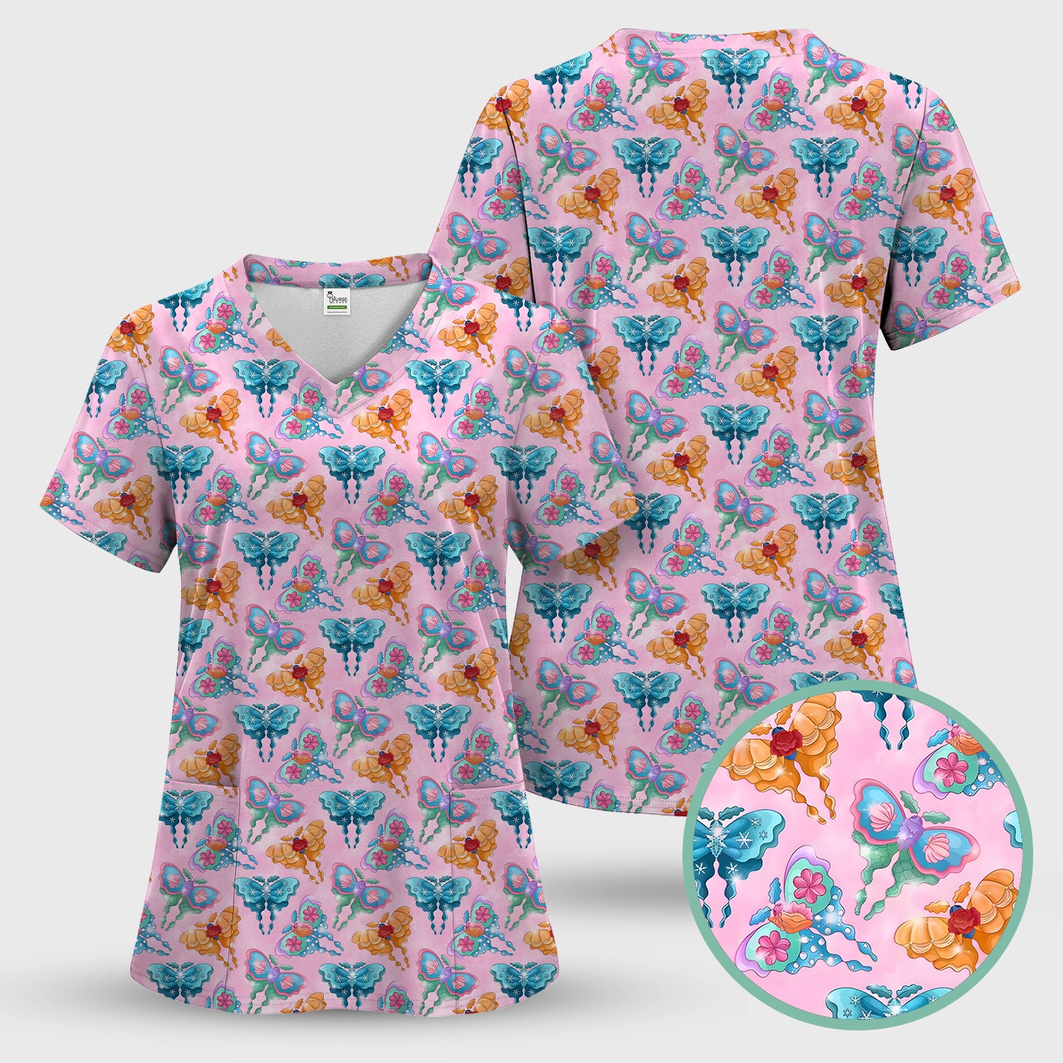 Colorful Butterfly With Floral Blossom Pattern Scrub Set, Scrub Pants and V Neck Top
