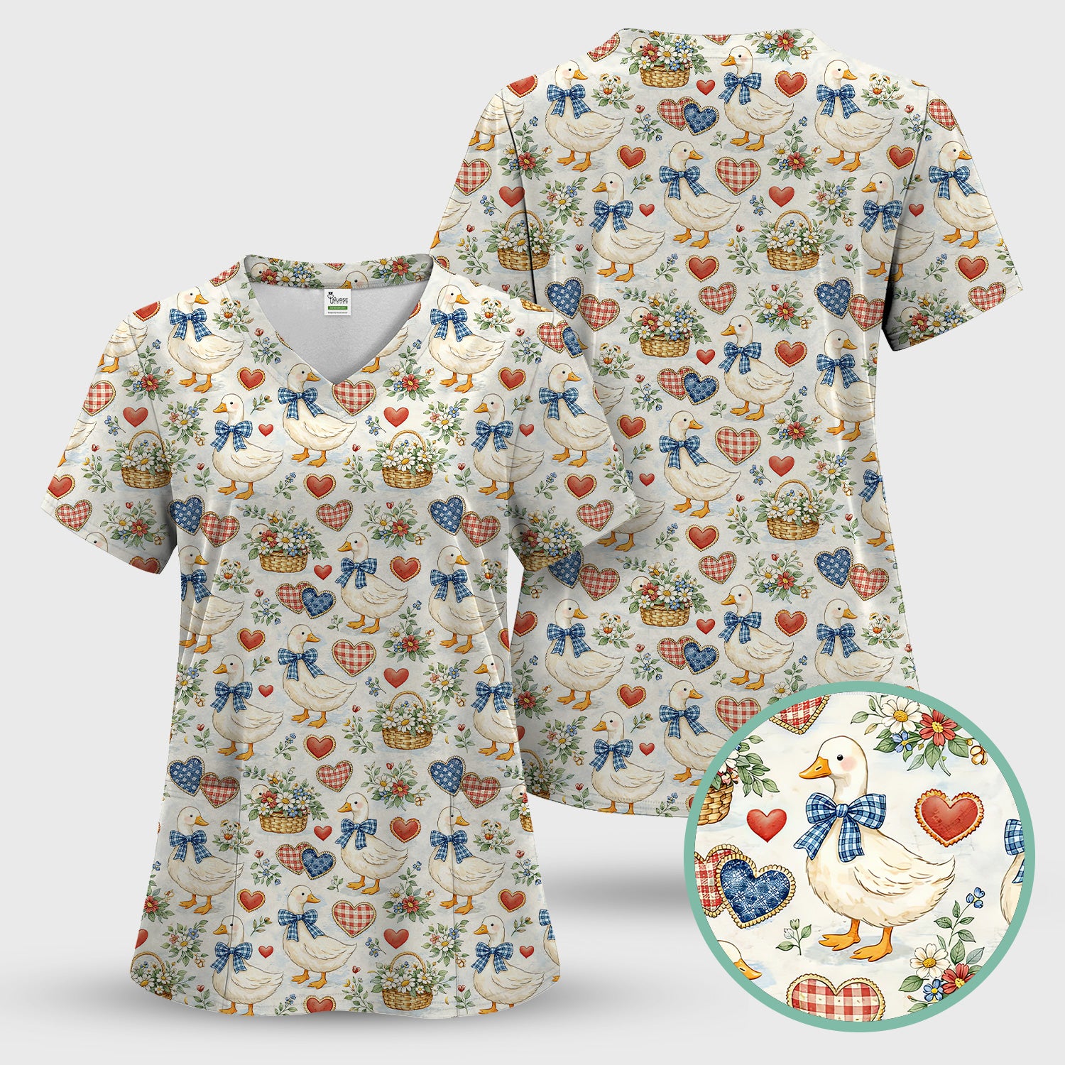Cute Duck Heart Floral Nurse Pattern Scrub Top, Comfortable Scrubs for Nurses