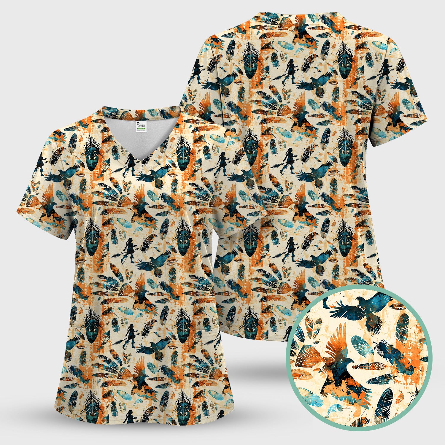 Feather Birds Tribal Print Scrub Top, Comfortable Scrubs for Nurses