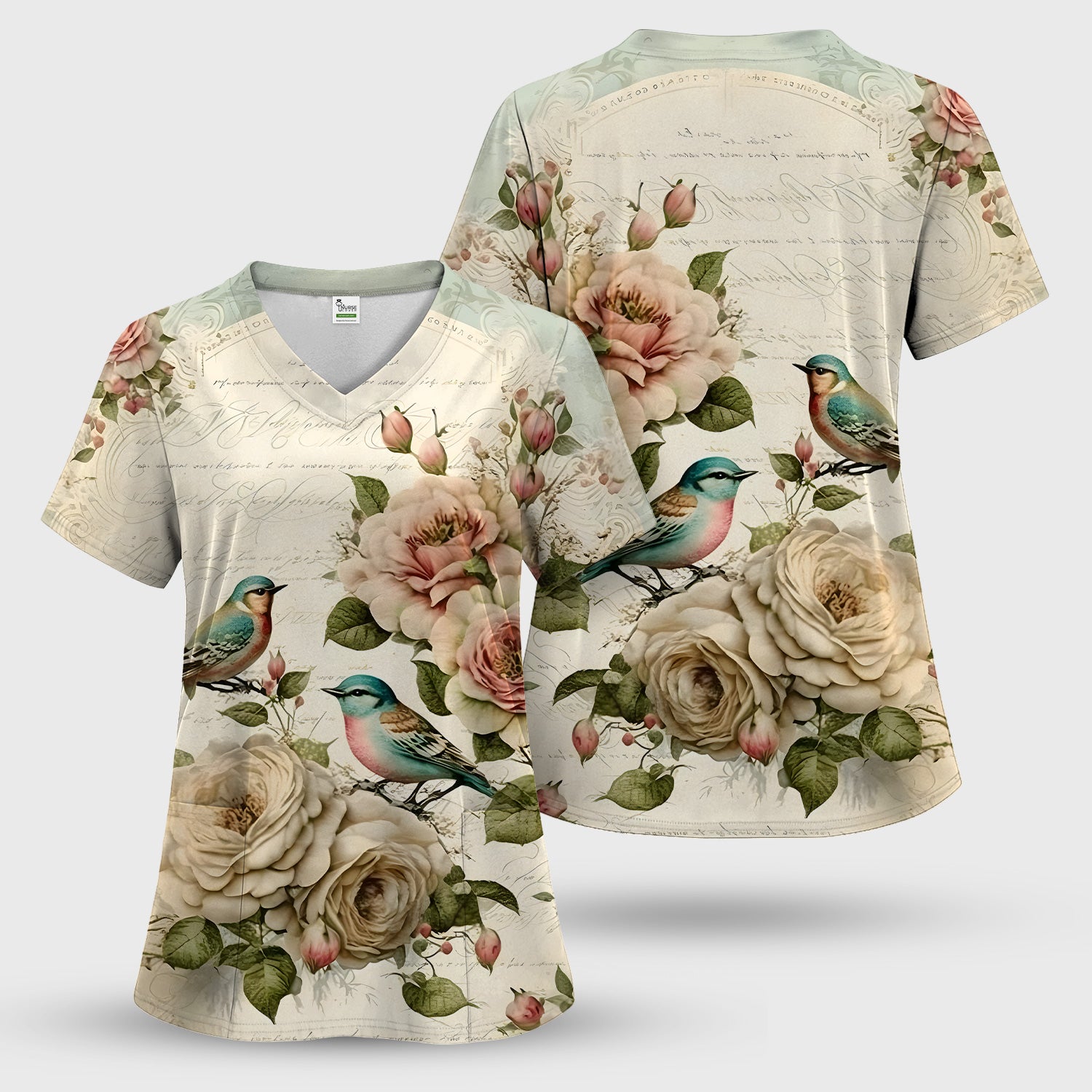 Vintage Birds Rose Pattern Scrub Top, Comfortable Scrubs for Nurses