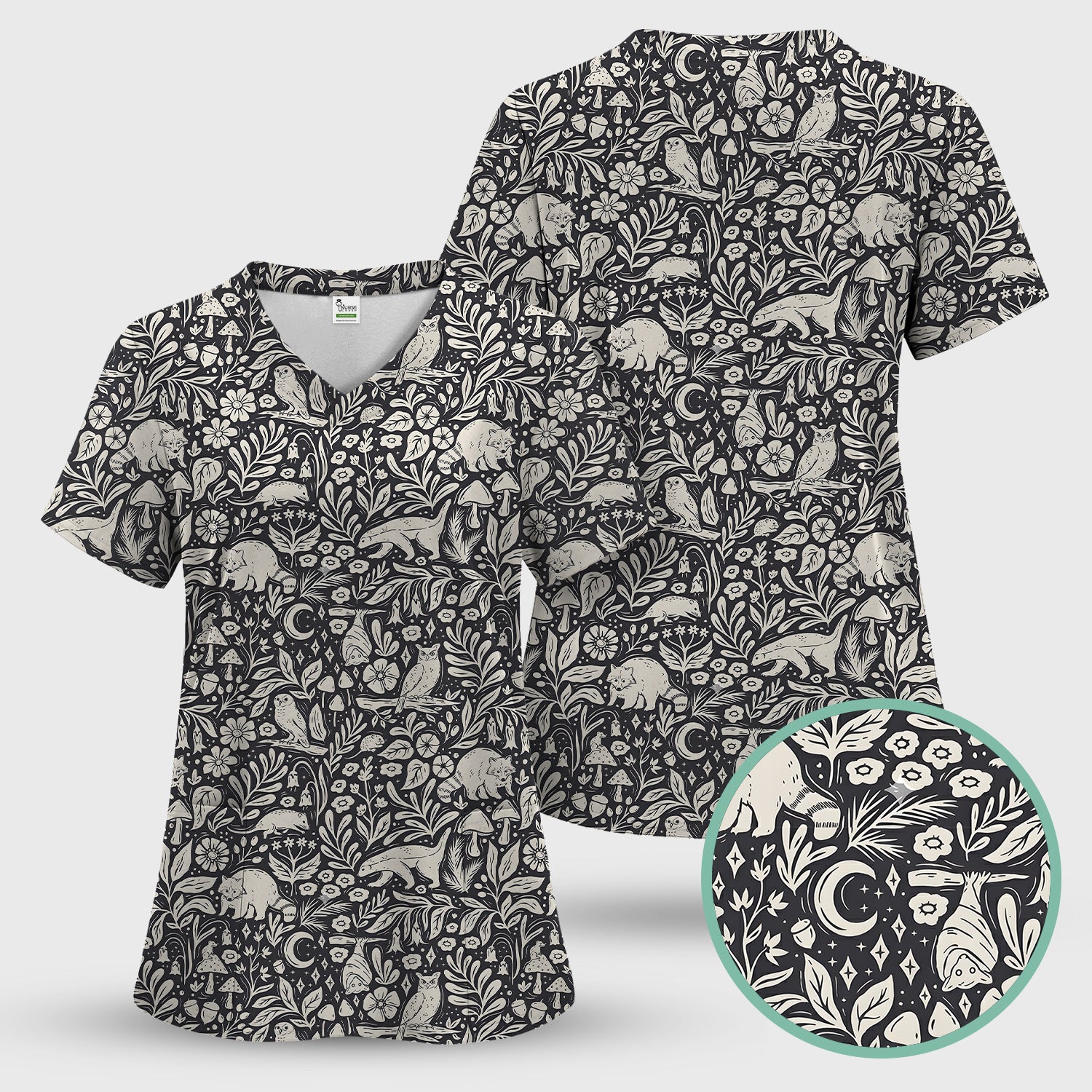 Woodland Animal Forest Pattern Scrub Top, Comfortable Scrubs for Nurses