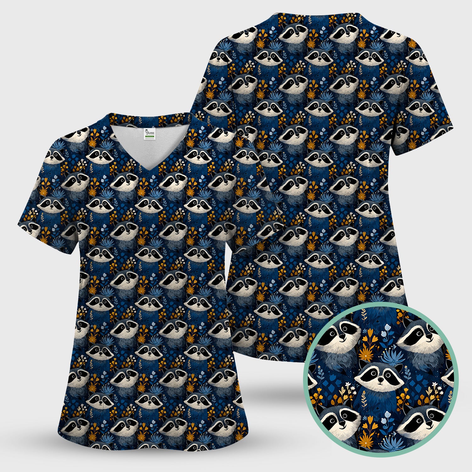 Raccoon With Blue Floral Forest Pattern Scrub Set, Scrub Pants and V Neck Top