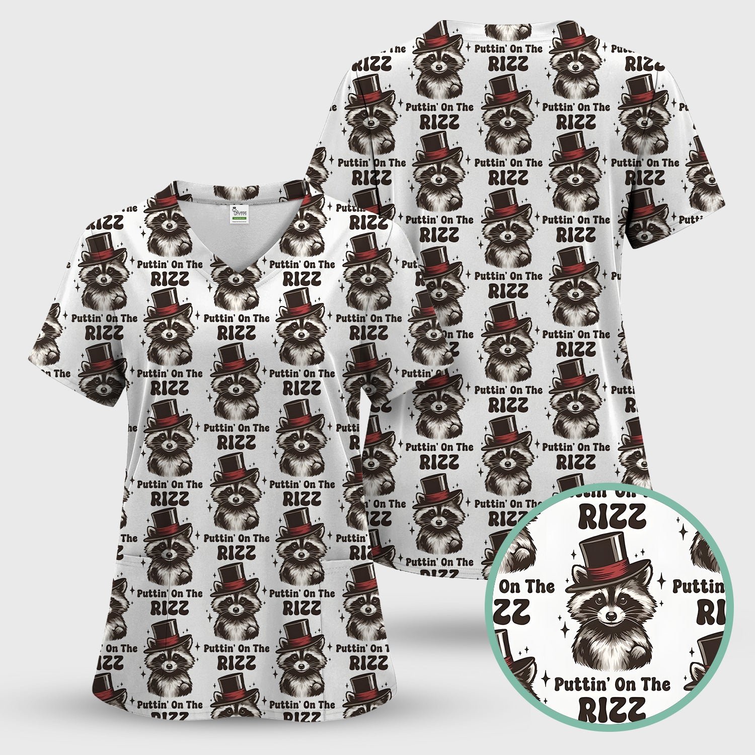 Raccoon Wearing Top Hat Puttin On The Rizz Scrub Set, Scrub Pants and V Neck Top