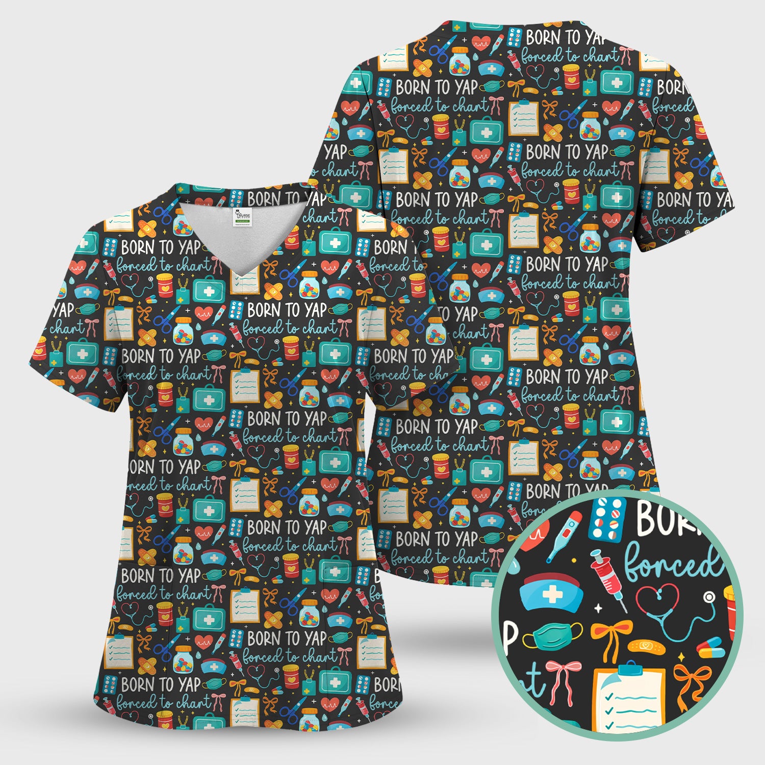 Born To Yap Medical Tools Pattern Scrub Top, Comfortable Scrubs for Nurses