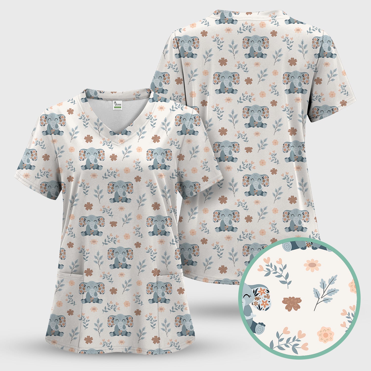 Cute Elephant Floral Print Scrub Top, Comfortable Scrubs for Nurses