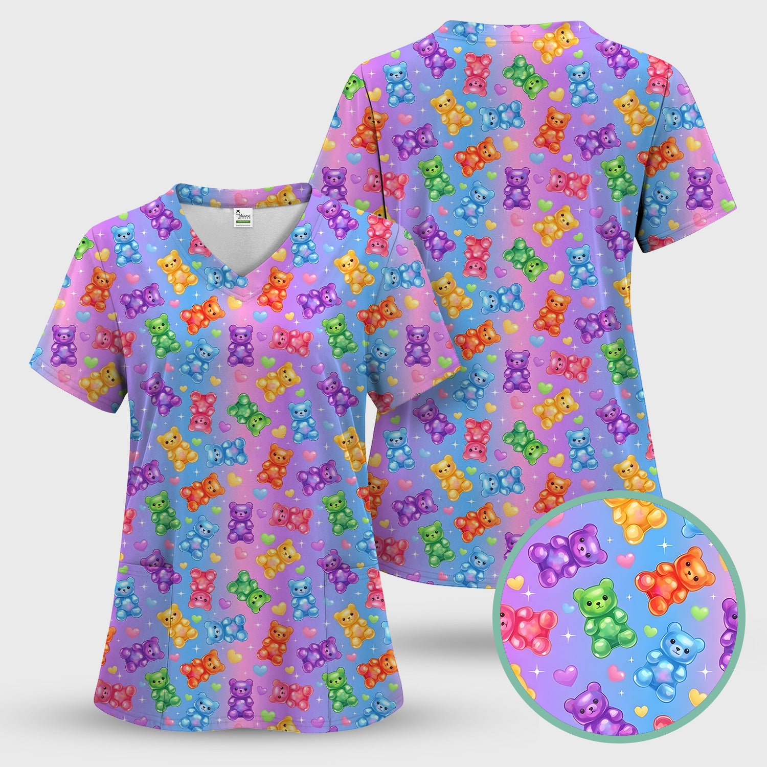 Colorful Gummy Bear Pattern Scrub Top, Breathable Fabrics Nursing Uniform