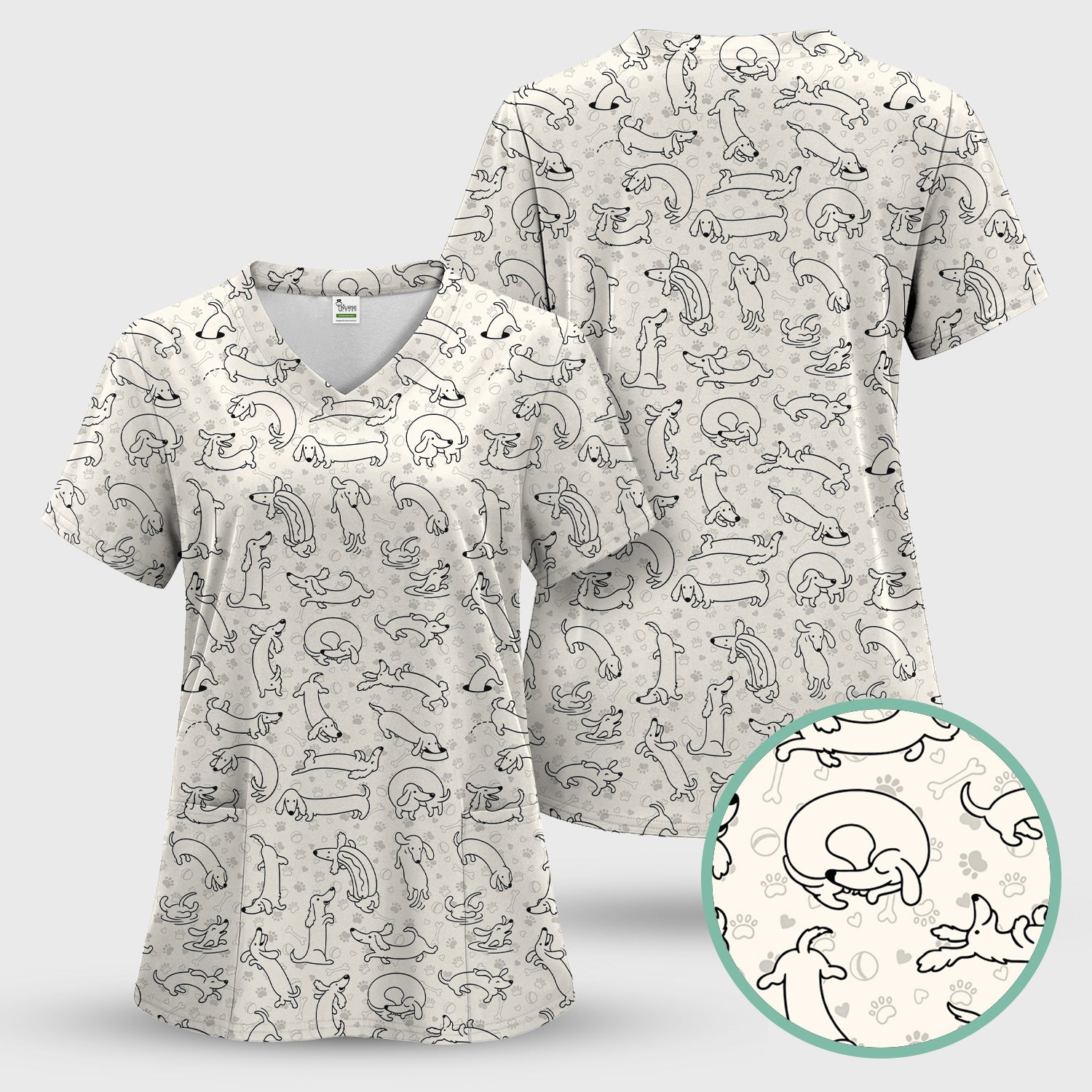 Playful Dachshund Dog Line Art Print Scrub Top, Comfortable Scrubs for Nurses