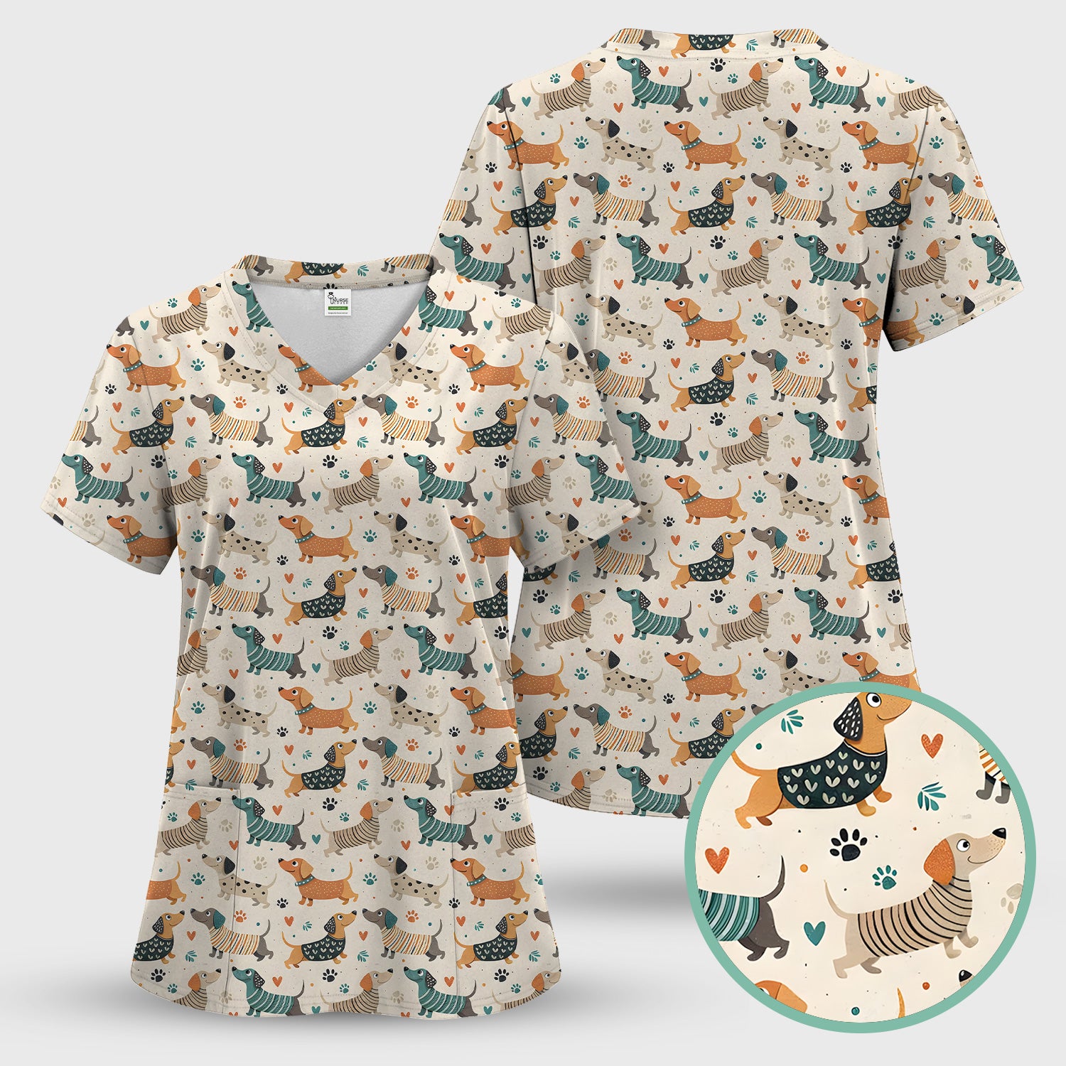Fun Dachshund Dog Paw Heart Pattern Scrub Top, Comfortable Scrubs for Nurses