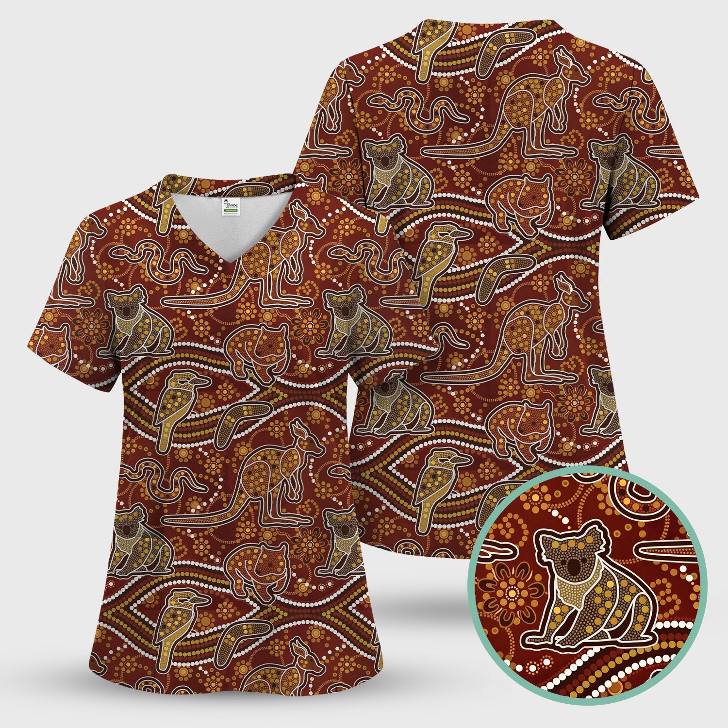 Australian Kangaroo Koala Aboriginal Art Pattern Scrub Sets, Scrub Pants and V Neck Top