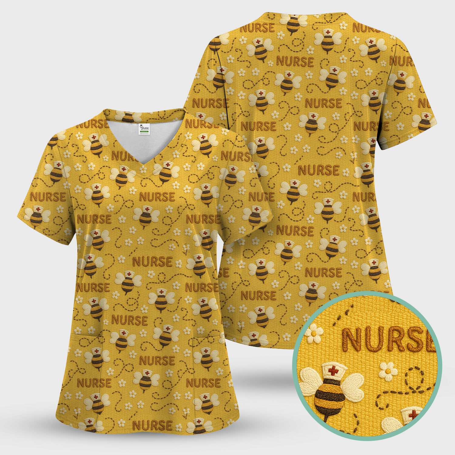 Honey Bee Nurse Scrub Top – Cute Bumblebee Medical Pattern – Cheerful Uniform for Nurses, Vets and Healthcare Workers