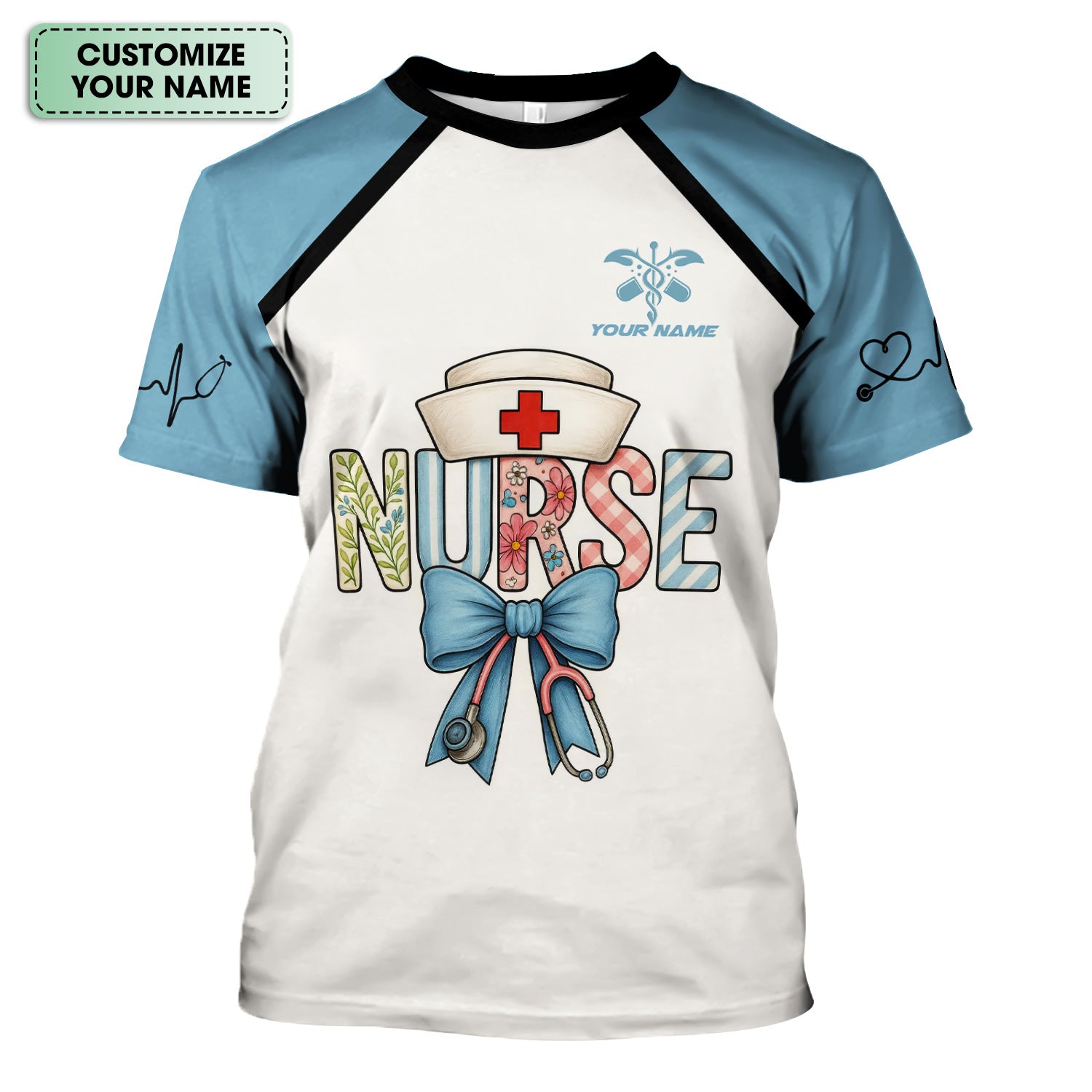 Custom Nurse Scrub Top for Women - Cute Bow Stethoscope Design & Name Personalization - Gift for RN CNA LPN Nursing Appreciation