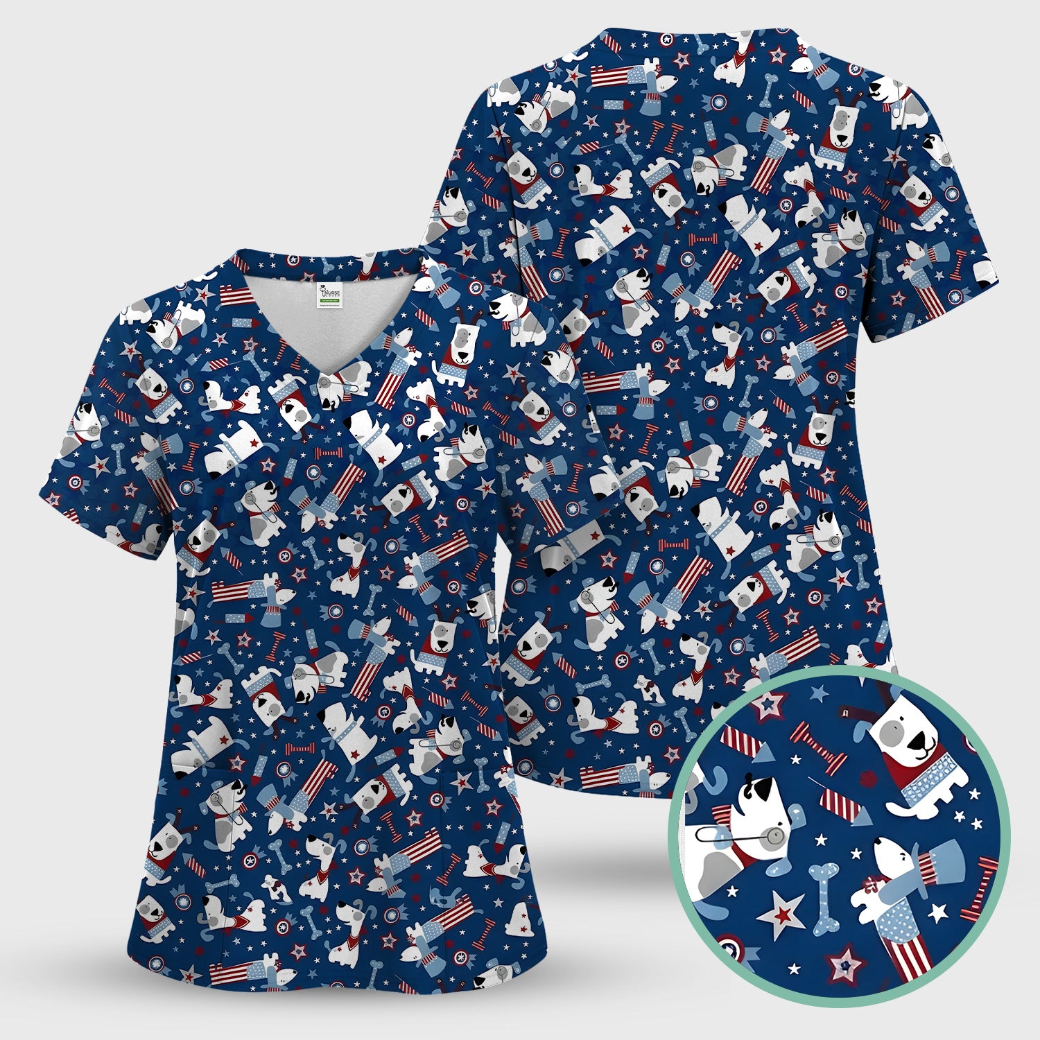 Patriotic Nurse Dog Stars Pattern Scrub Set, Scrub Pants and V Neck Top