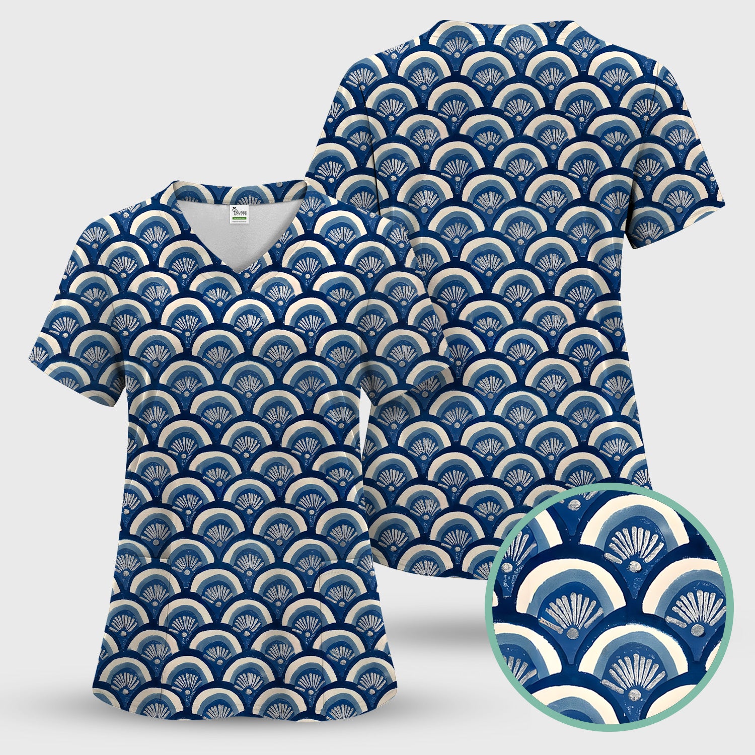 Blue Seashell Pattern Scrub Set, Scrub Pants and V Neck Top