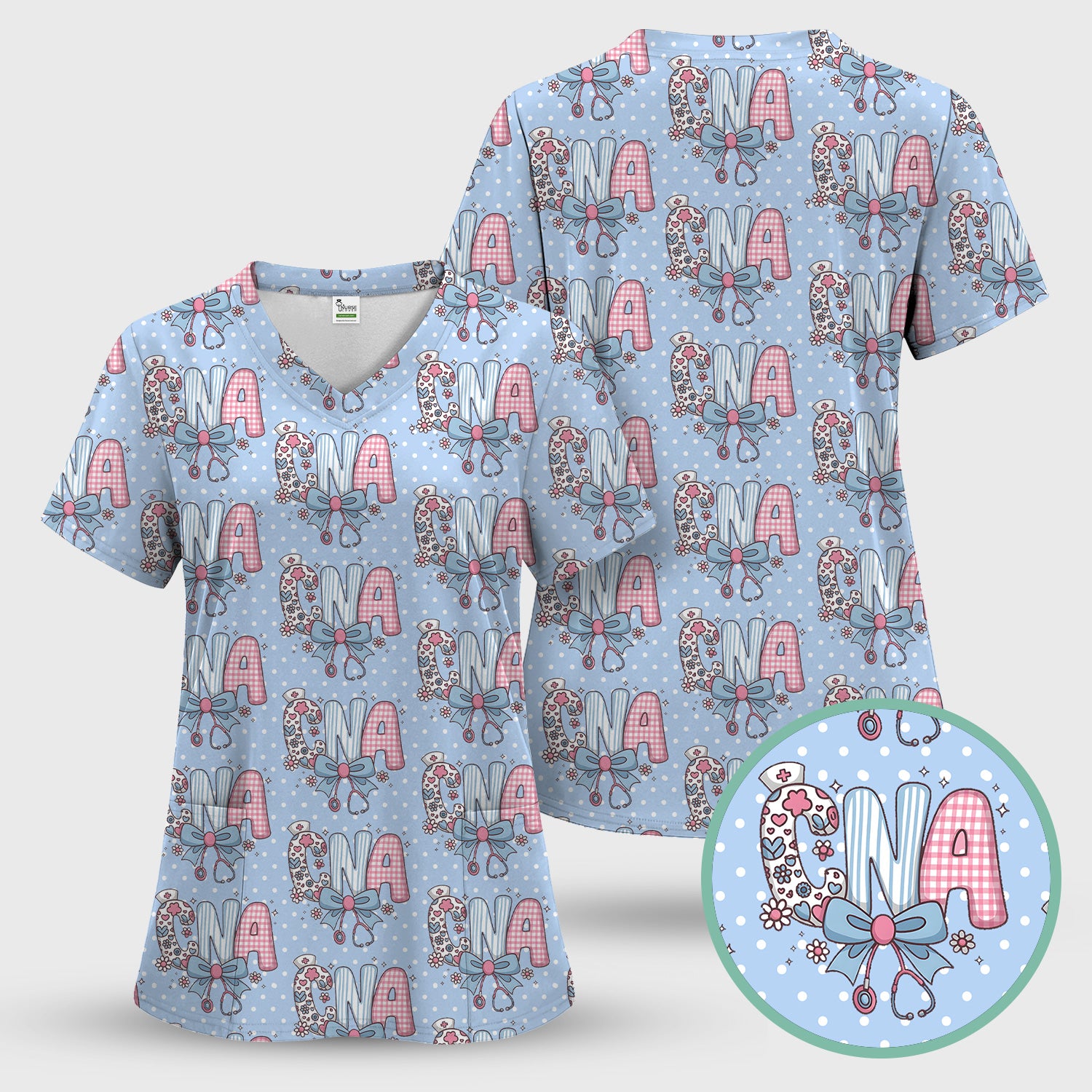 Cute CNA Floral Bow Pattern Scrub Top, Breathable Fabrics Nursing Uniform