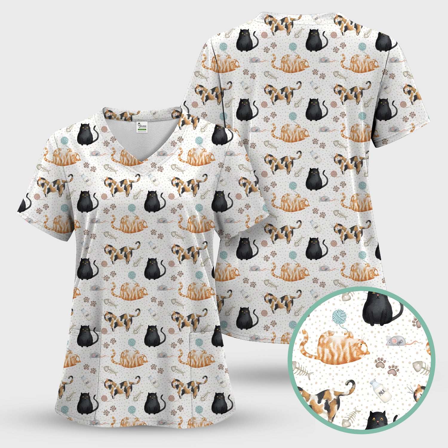 Cute Cat Yarn Paw Pattern Scrub Set, Scrub Pants and V Neck Top