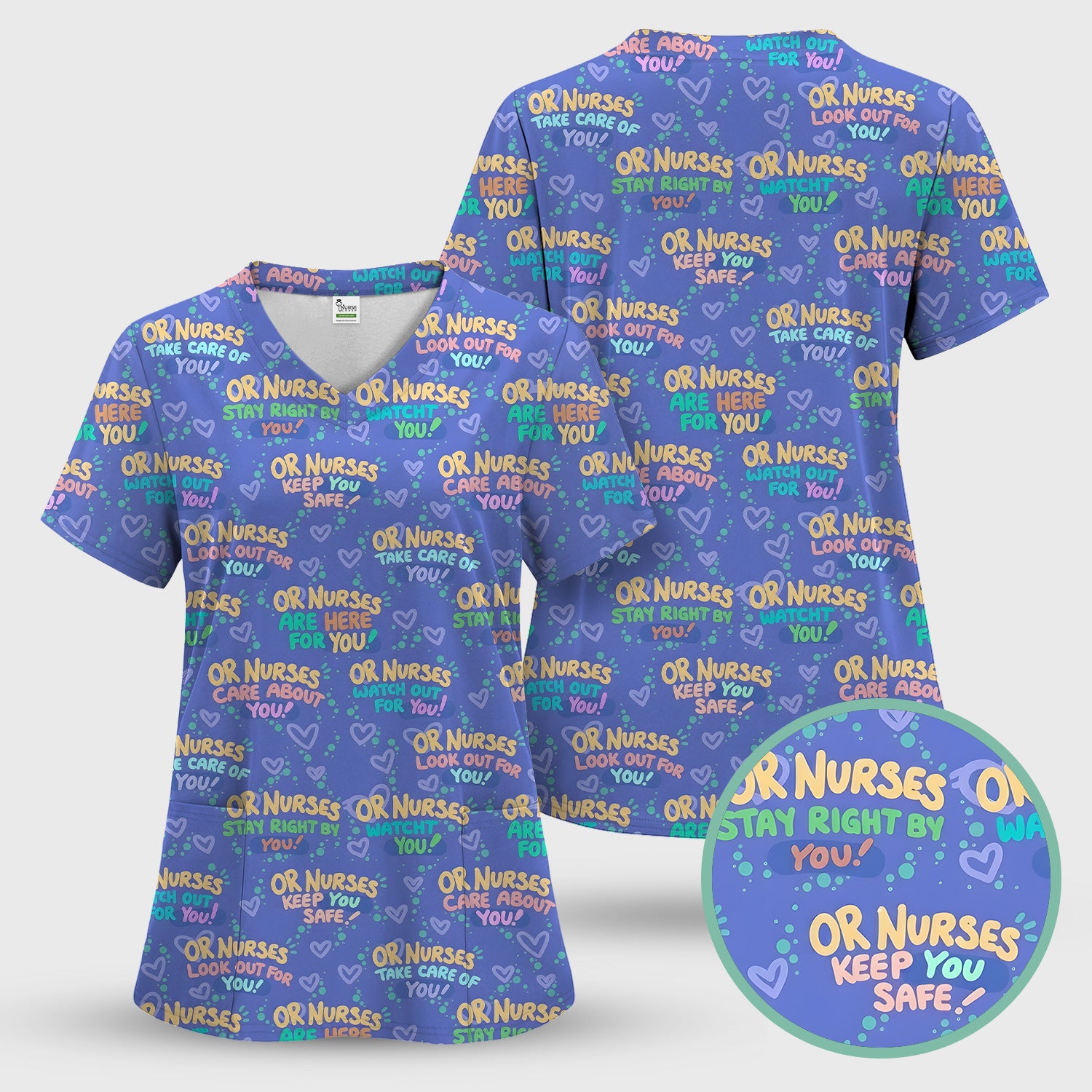 Inspirational Nurse Quote Care Message Pattern Scrub Set, Scrub Pants and V Neck Top