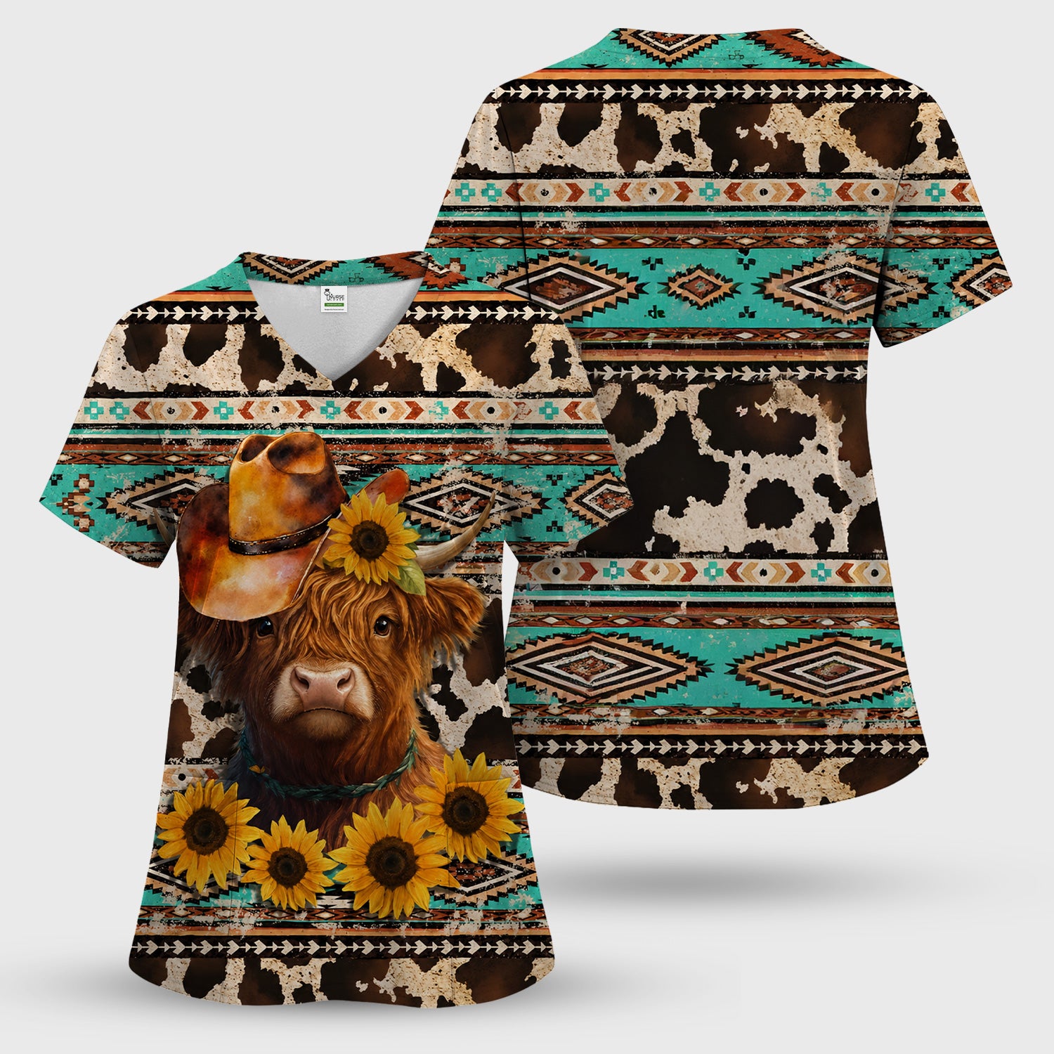 Western Highland Cow Sunflowers Print Scrub Top, Comfortable Scrubs for Nurses