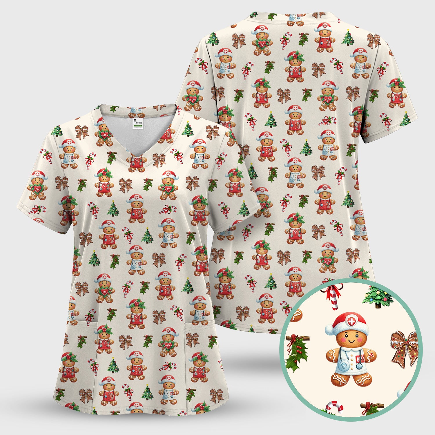 Funny Gingerbread Christmas Scrub Top - Cute Cookie with Bow Shirt - Festive Holiday Scrubs for Women