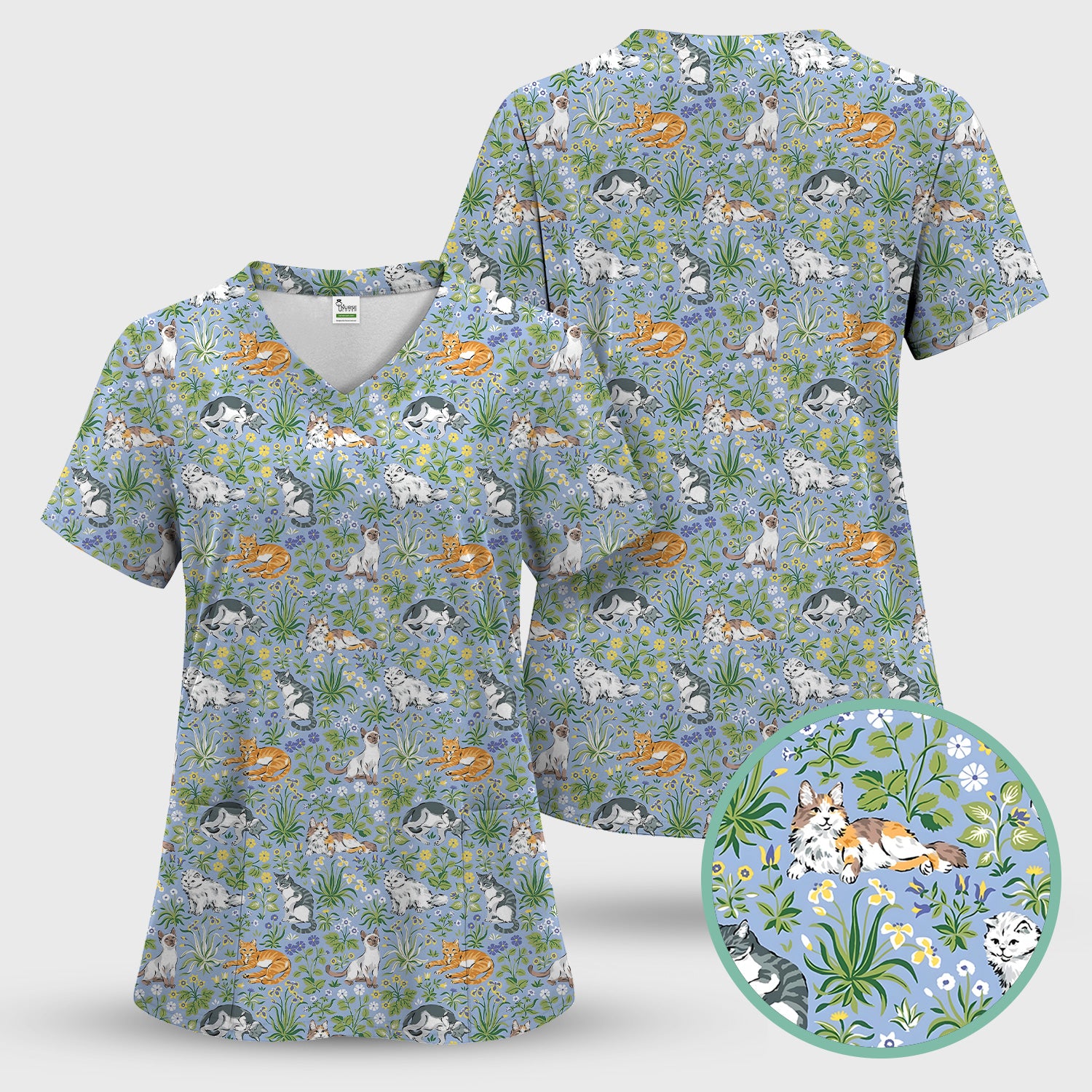 Cute Floral Cat Garden Pattern Scrub Top, Comfortable Scrubs for Nurses