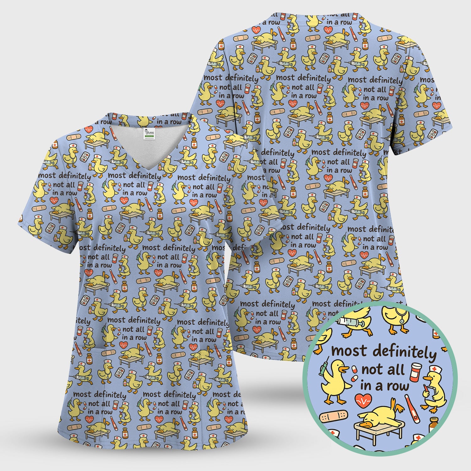 Funny Nurse Duck Medical Humor Pattern Scrub Set, Scrub Pants and V Neck Top