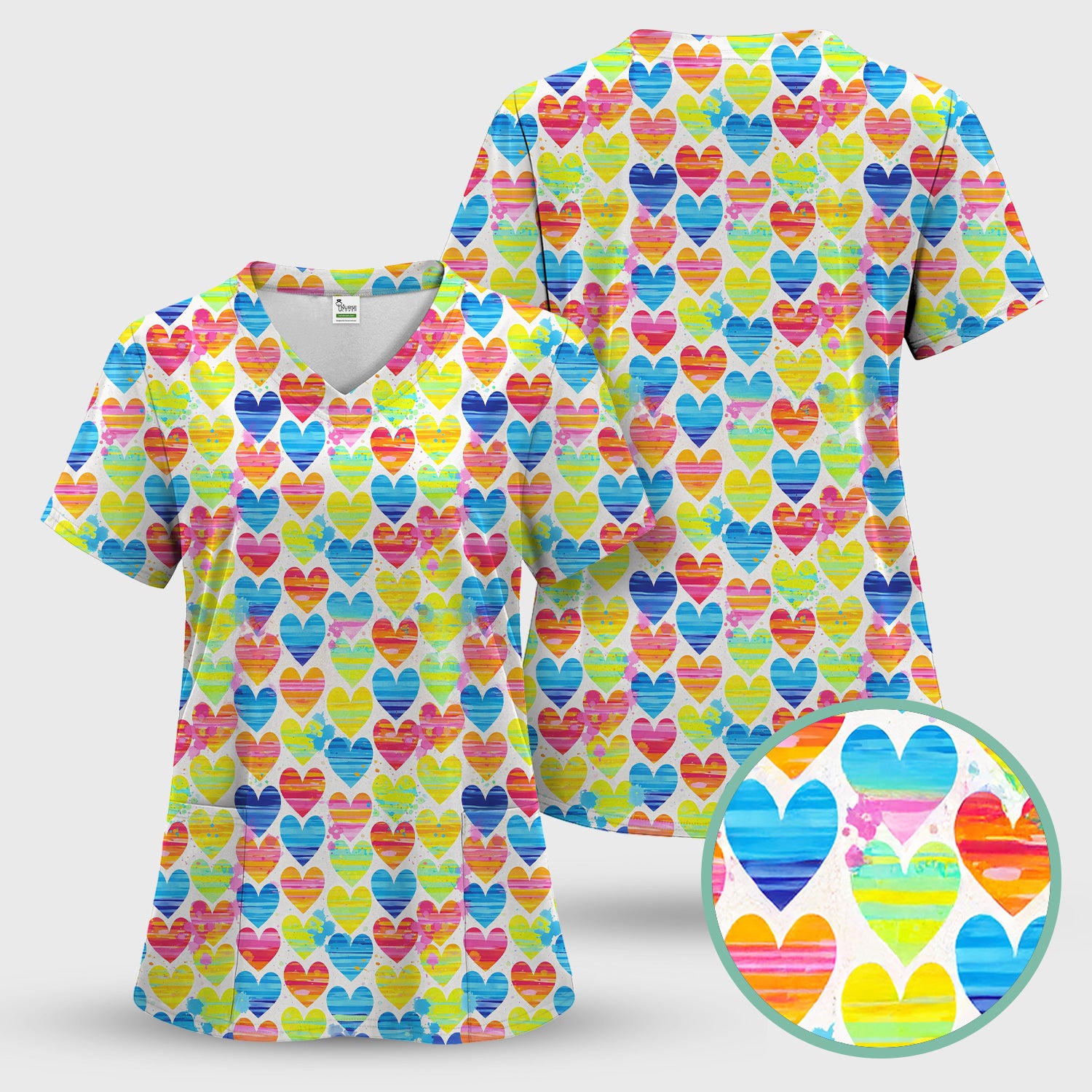 Bright Multicolor Rainbow Heart All Over Print Pattern Scrub, Comfortable Scrubs for Nurses
