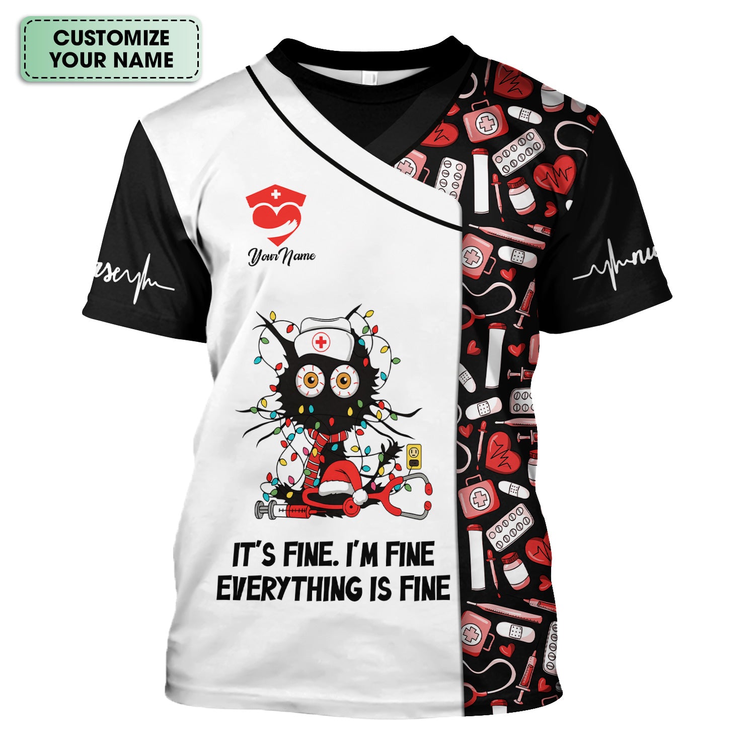 Custom Funny Nurse Christmas Scrub Top - Everything Is Fine Sarcastic Black Cat Design - Holiday Gift for Women RN LPN ER