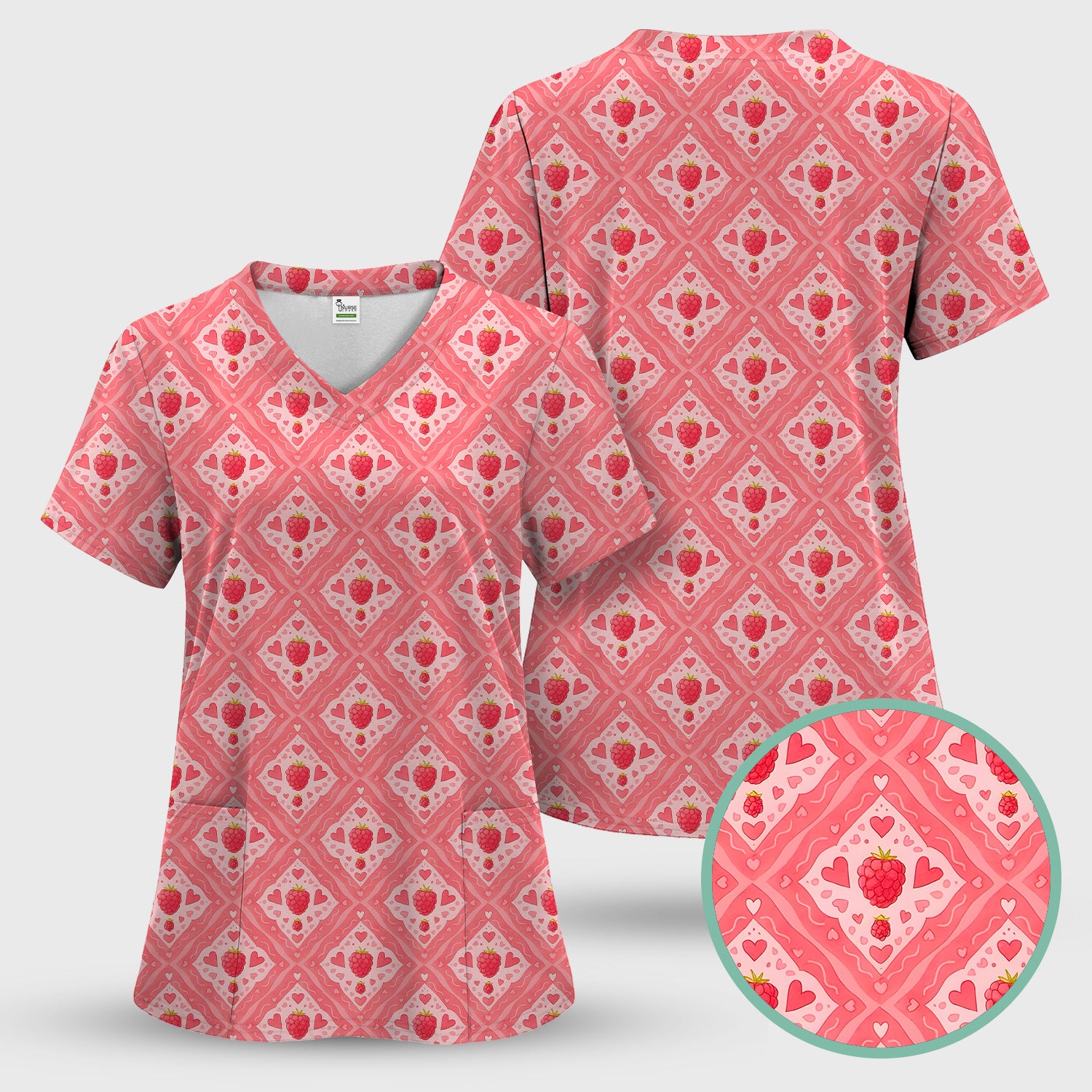 Sweet Red Cherry Gingham Pattern Scrub Set, Scrub Pants and V Neck Top