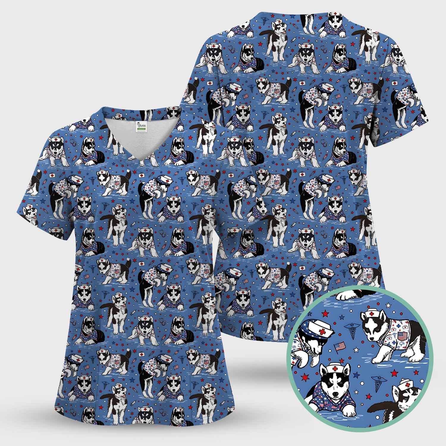 Cute Nurse Husky Dog Medical Pattern Scrub Top, Comfortable Scrubs for Nurses