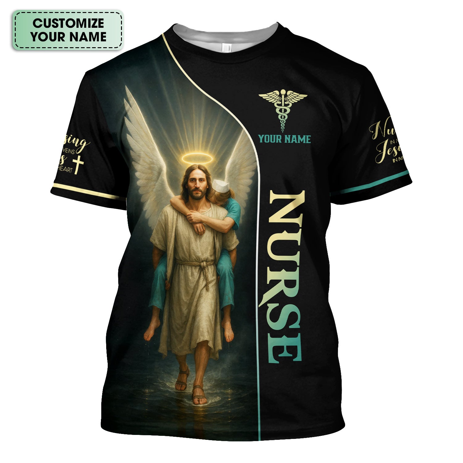 Christian Nurse T-Shirt - Personalized Jesus Angel Wings Graphic - Religious Gift for RN LPN Healthcare Workers