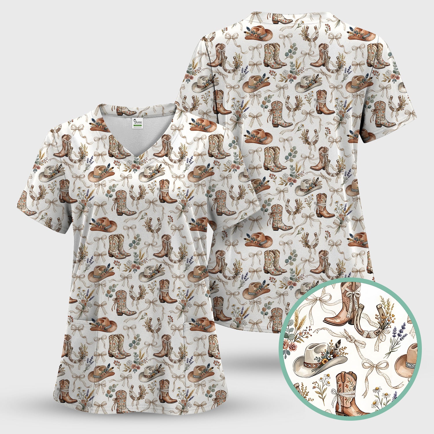 Western Cowboy Boots Hat Floral Pattern Scrub Top, Comfortable Scrubs for Nurses