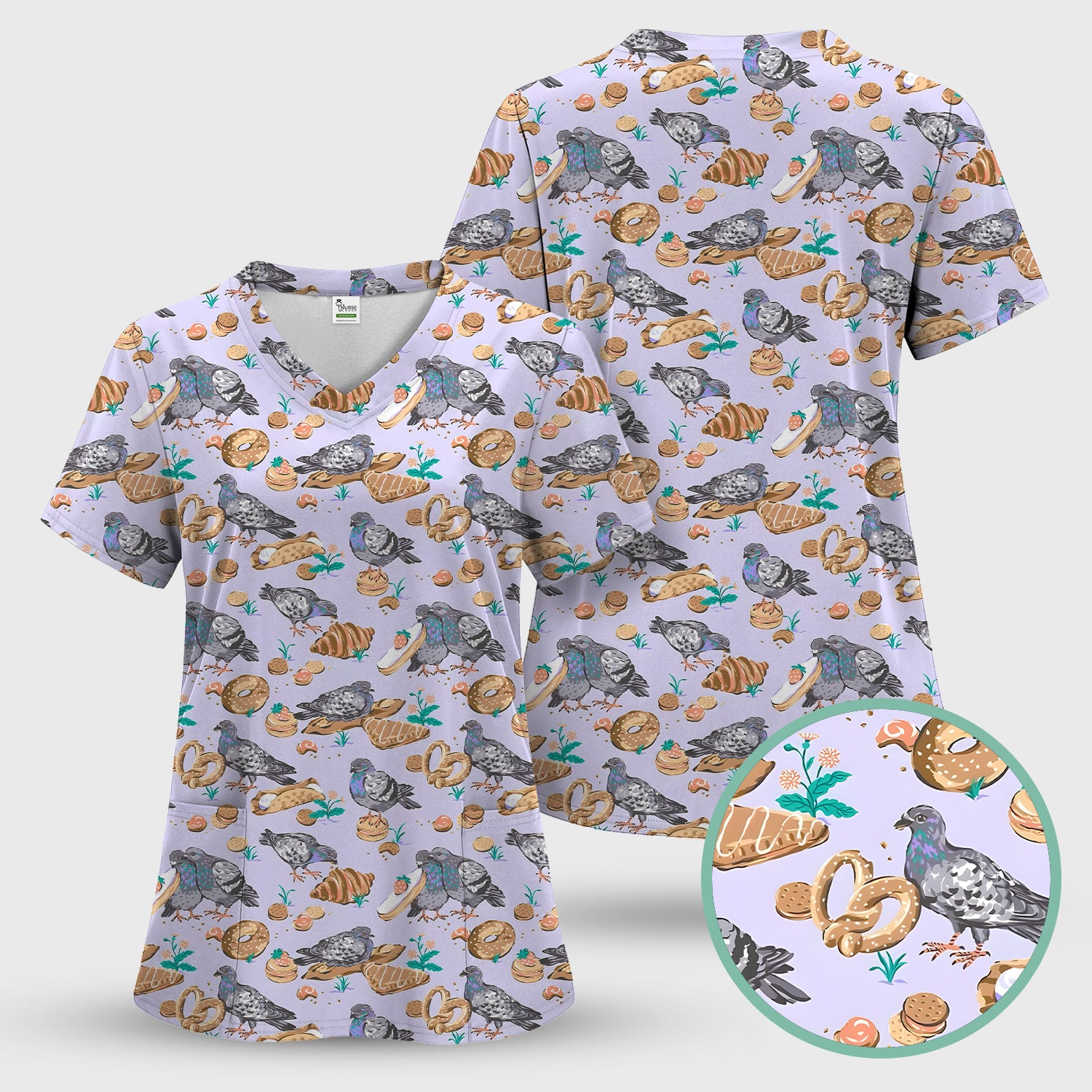Funny Pigeon Bread Snack Nurse Pattern Scrub Set, Scrub Pants and V Neck Top
