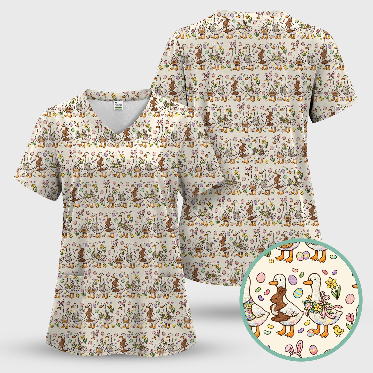 Easter Theme Duck and Bunny Egg Floral Print Scrub Top, Comfortable Scrubs for Nurses
