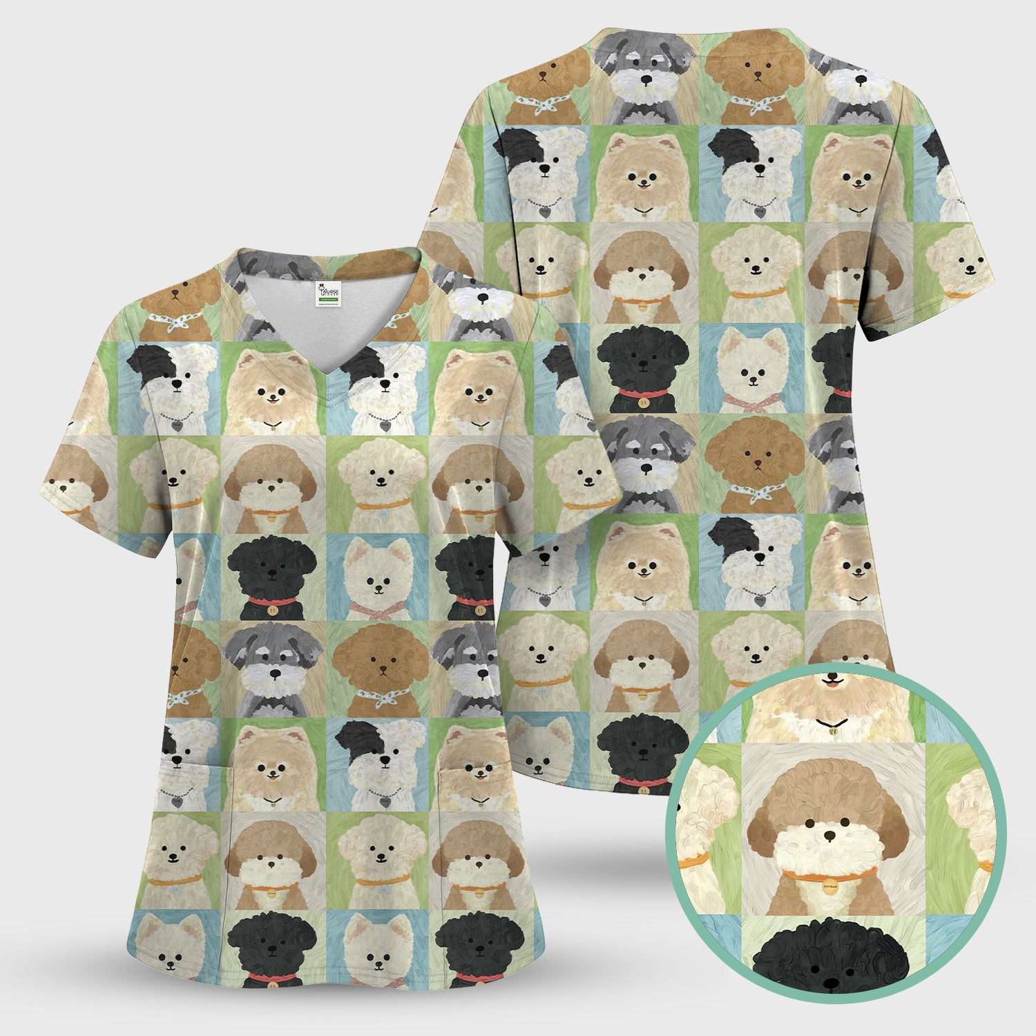 Adorable Different Dog Breeds Pattern Scrubs Top, Breathable Fabrics Nursing Uniform