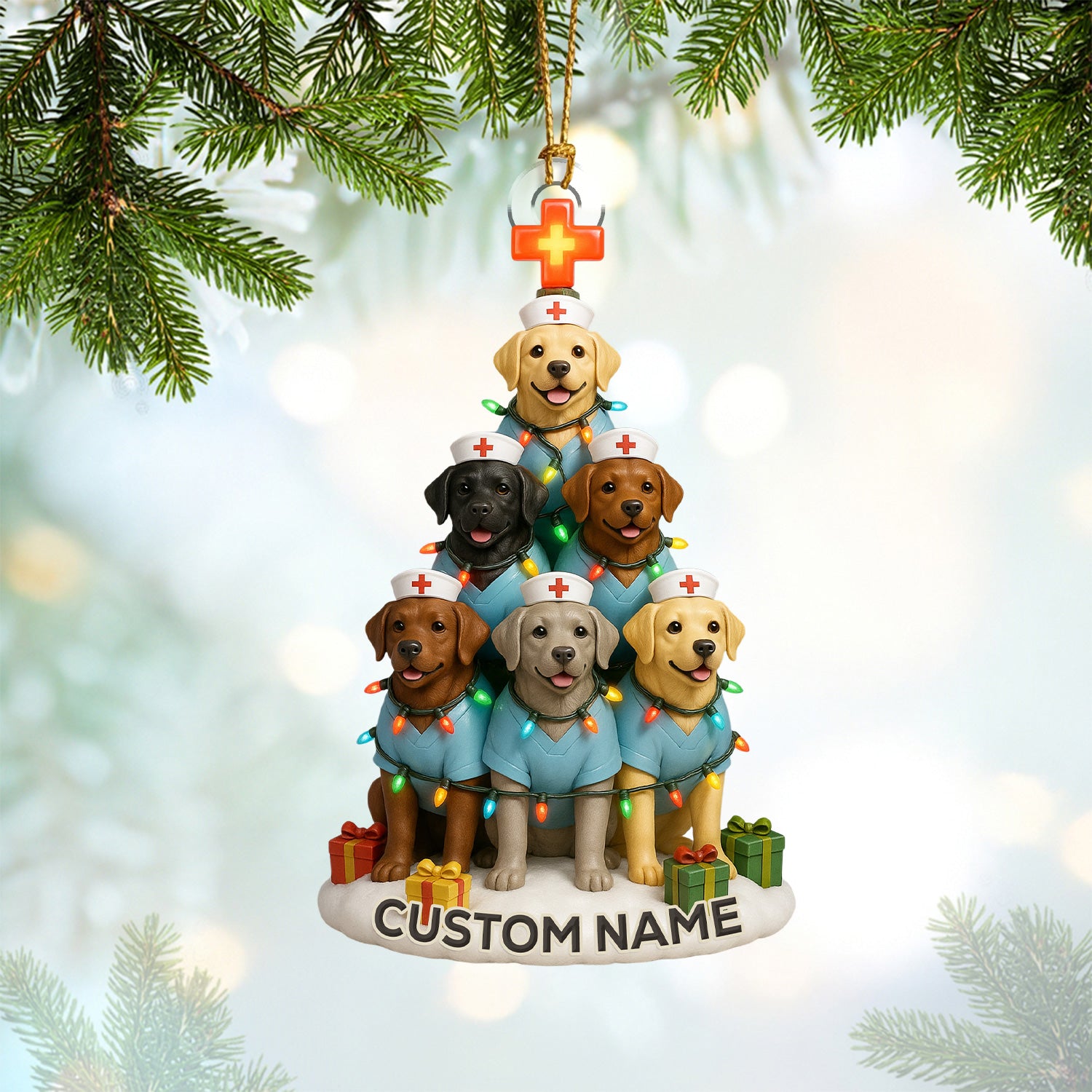 Personalized Nurse Dogs Christmas Tree Ornament – Custom Name Labrador Puppy Stack Holiday Decor – Cute Medical Dog Ornament for Nurses, Vets & Pet Lovers