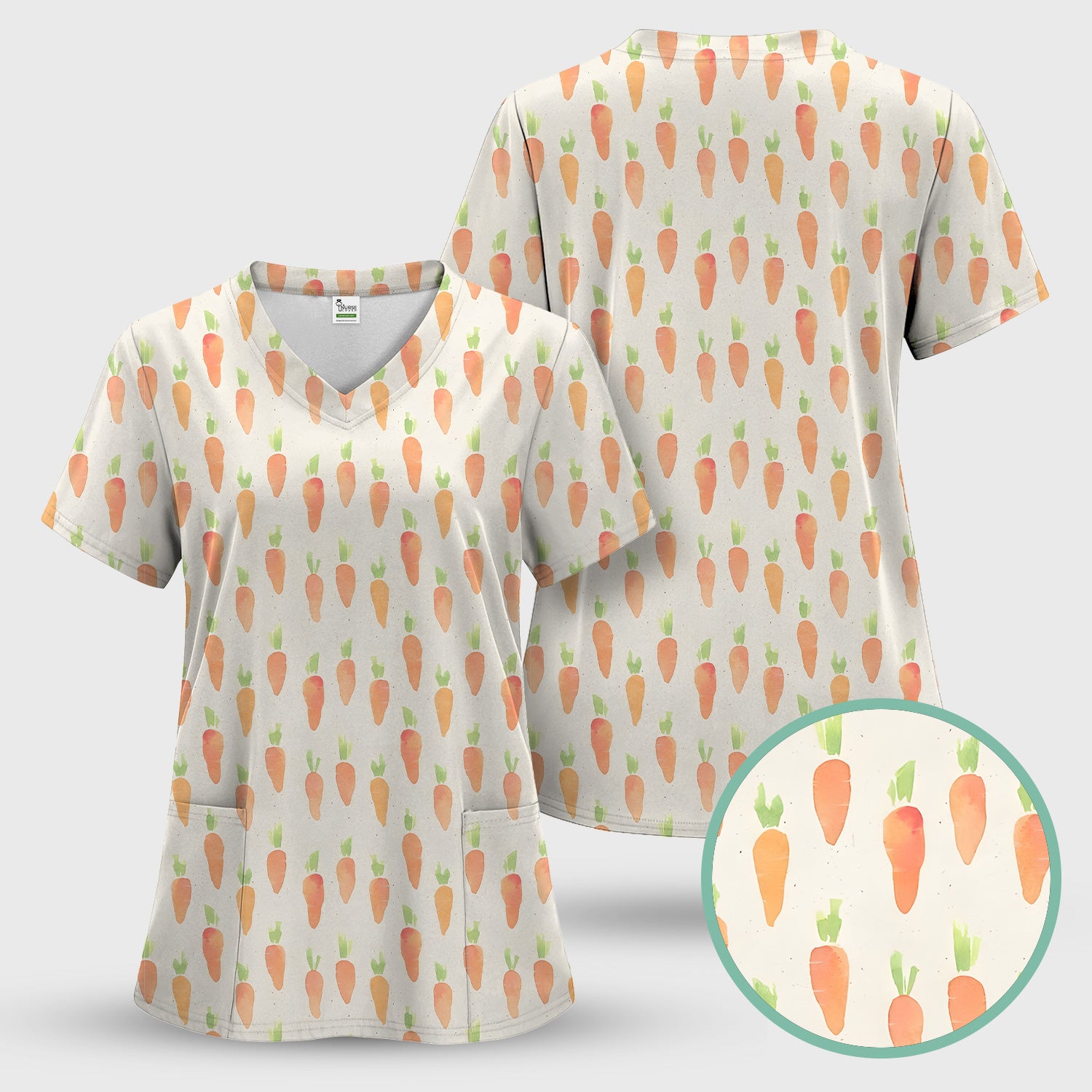 Simple Carrot Cute Pattern Scrub Sets, Scrub Pants and V Neck Top