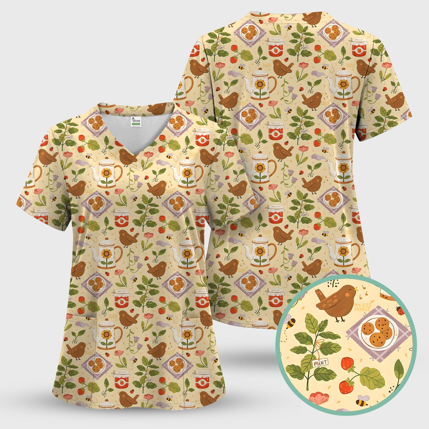 Cute Garden Tea Bird Strawberry Pattern Scrub Set, Scrub Pants and V Neck Top