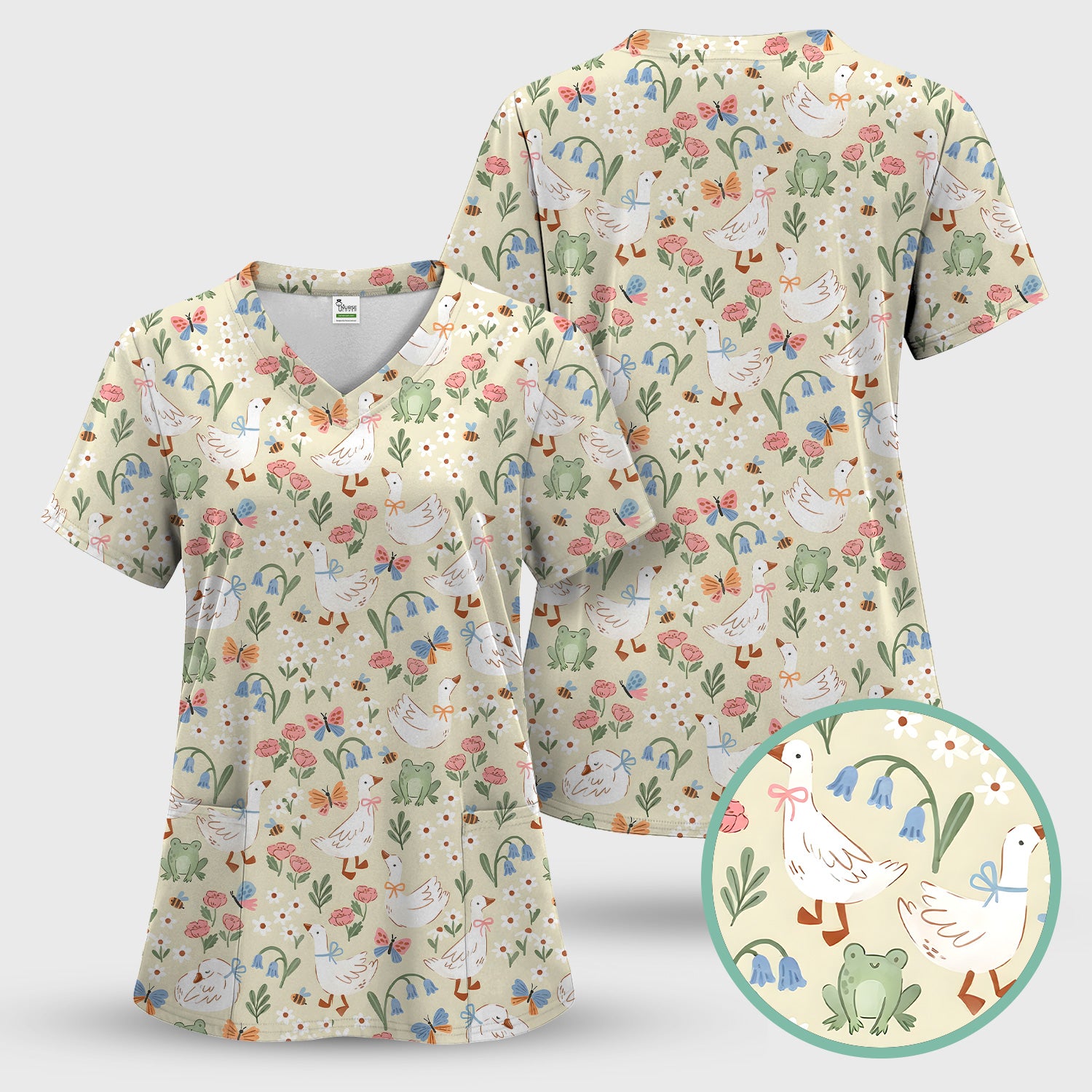 Cute Goose & Frog Garden Print Scrub Top, Comfortable Scrubs for Nurses