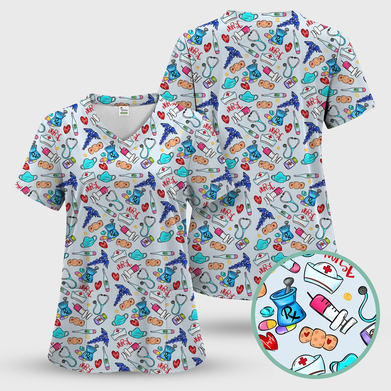 Nurse Medical Icons Stethoscope Heart Pattern Scrub Top, Comfortable Scrubs for Nurses