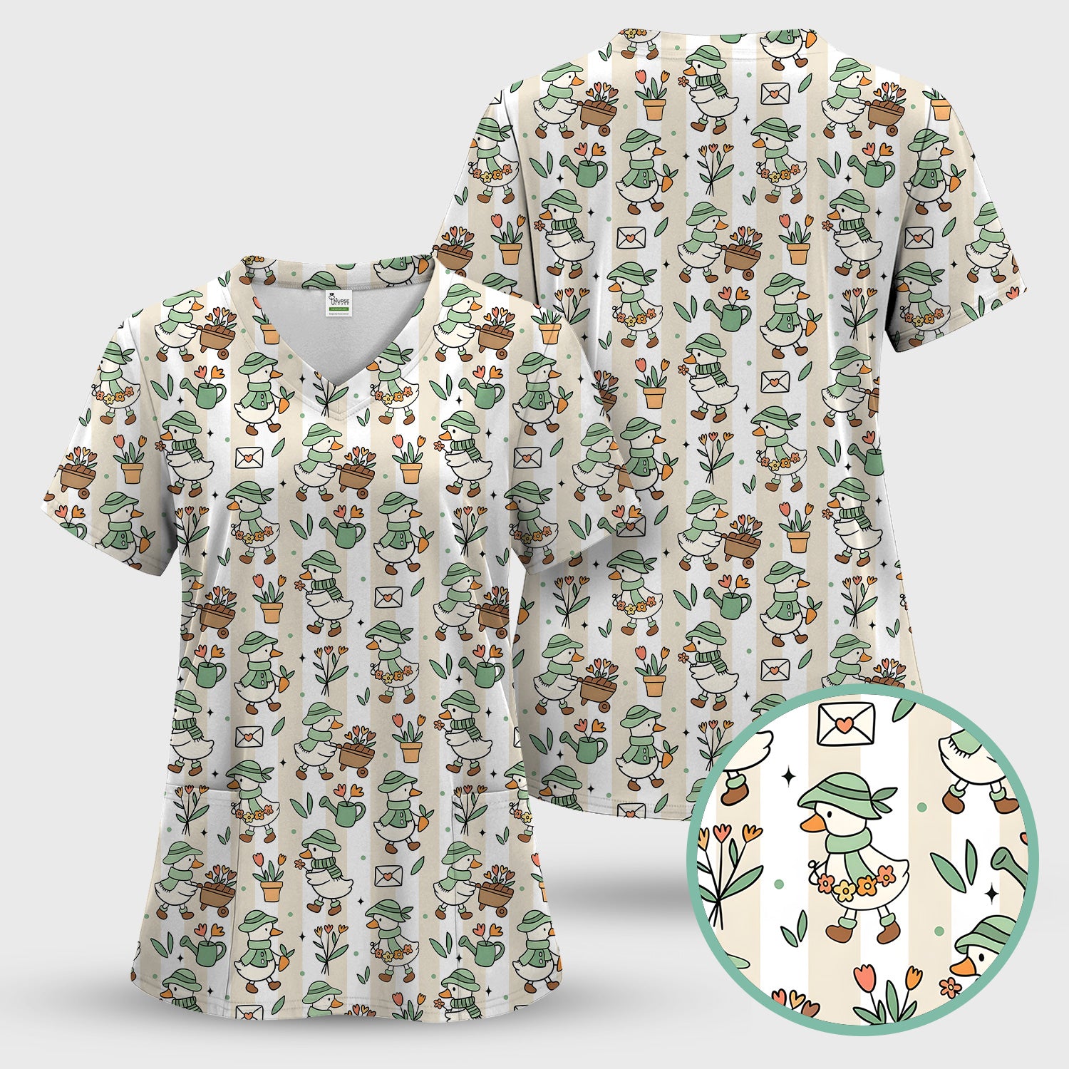 Cute Gardening Duck Floral Pattern Scrub Top, Comfortable Scrubs for Nurses