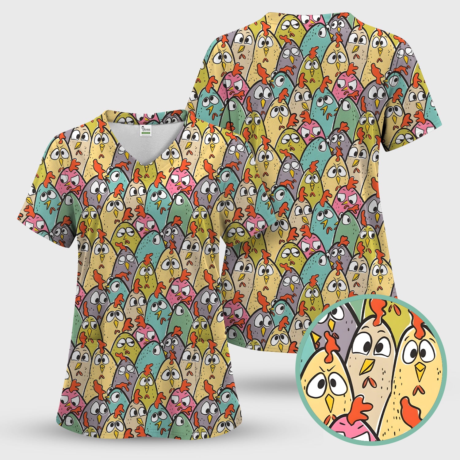 Funny Cartoon Chicken Crowd Pattern Scrub Top, Comfortable Scrubs for Nurses