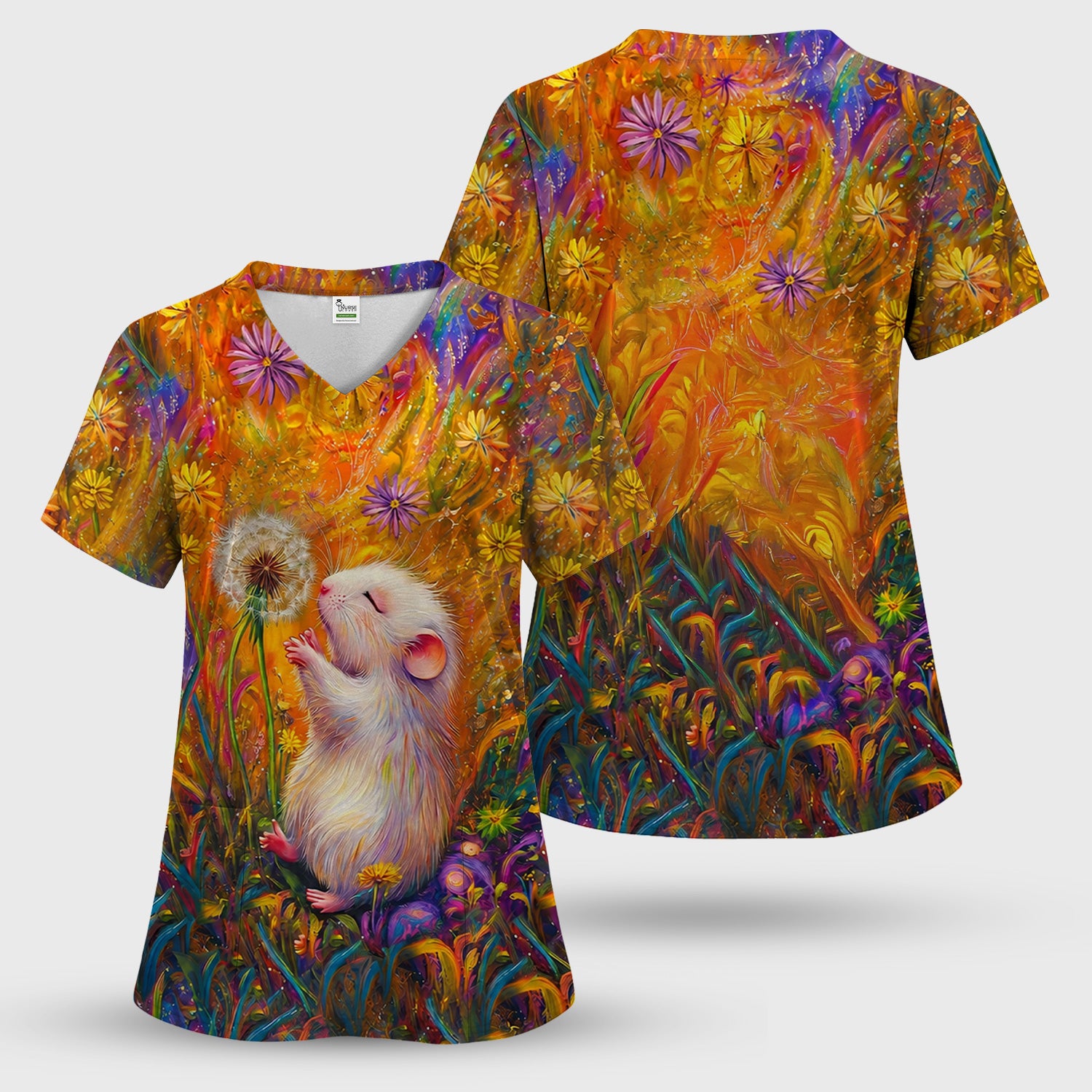 Cute Whimsical Mouse Dandelion Pattern Scrub Top, Comfortable Scrubs for Nurses